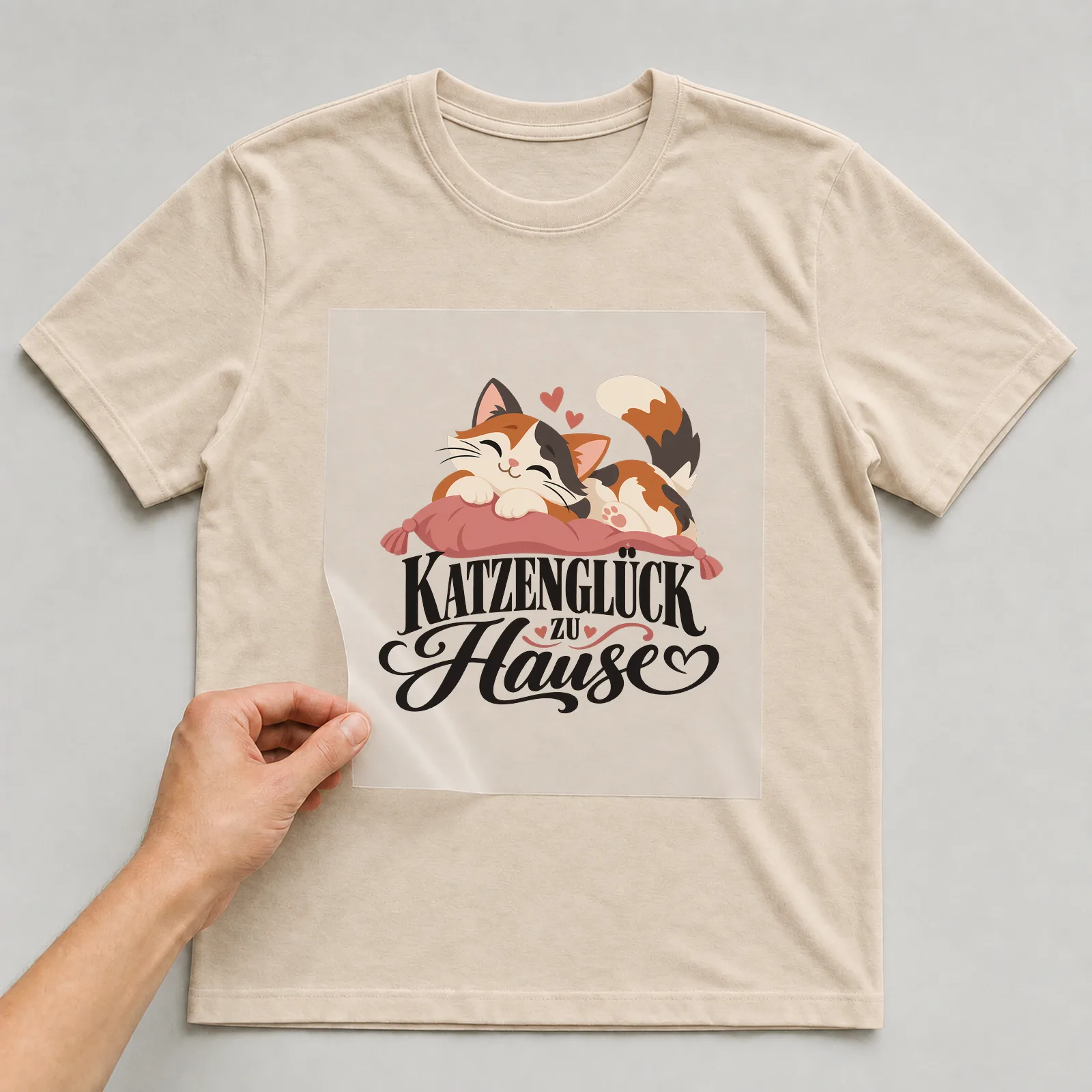 Bügelbild „Katzenglück zu Hause“ auf beigem T-Shirt, Folie wird aufgelegt