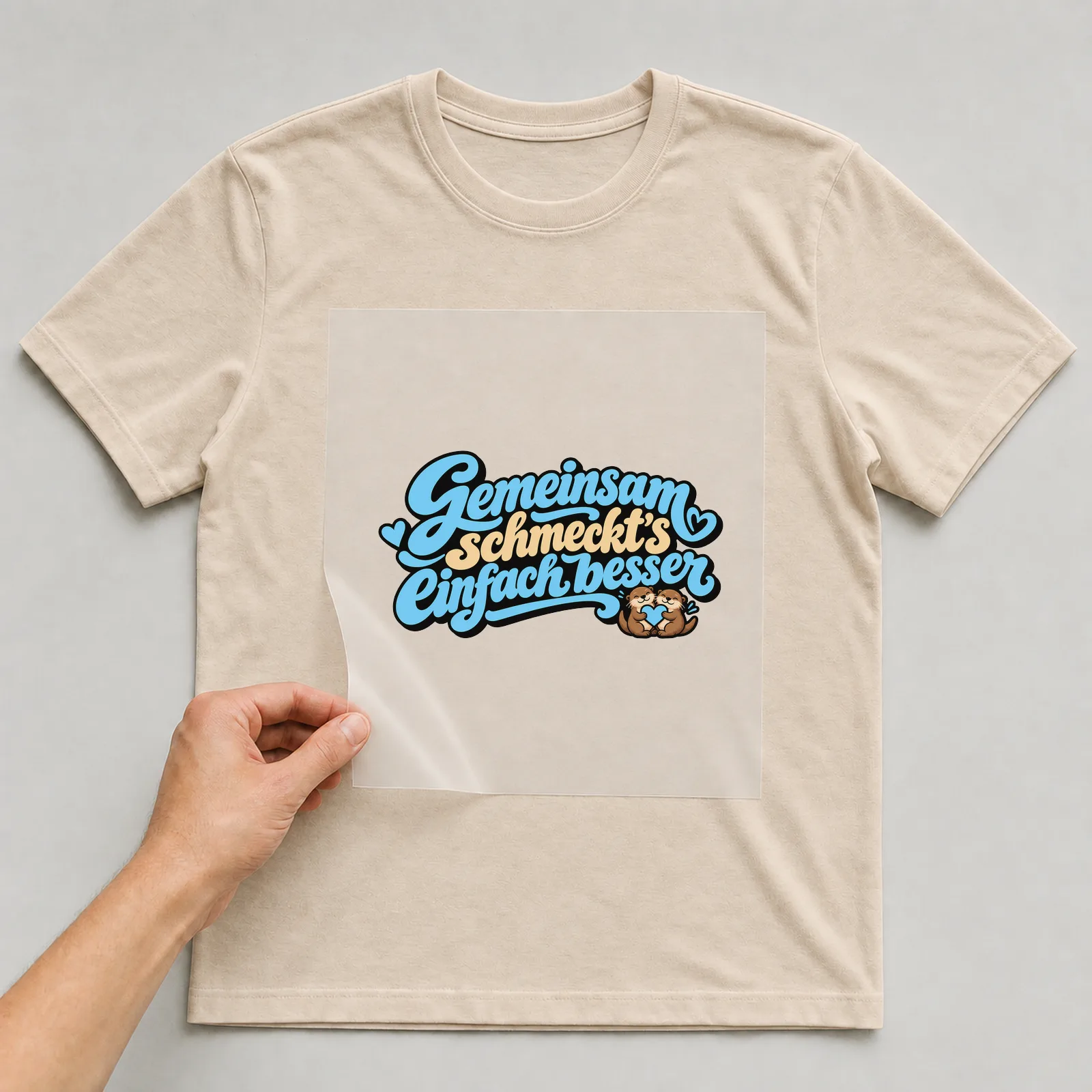 Bügelbild „Gemeinsam schmeckt’s einfach besser“ auf beigem T-Shirt, Folie wird aufgelegt