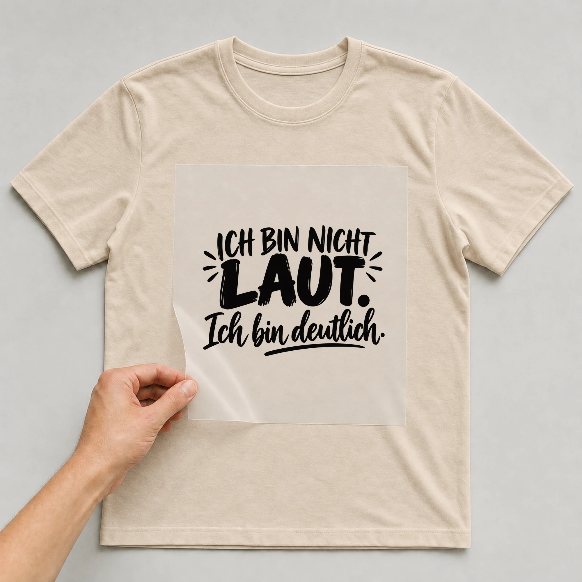 Bügelbild „Ich bin nicht laut. Ich bin deutlich.“ auf babyblauem T-Shirt, Folie wird aufgelegt
