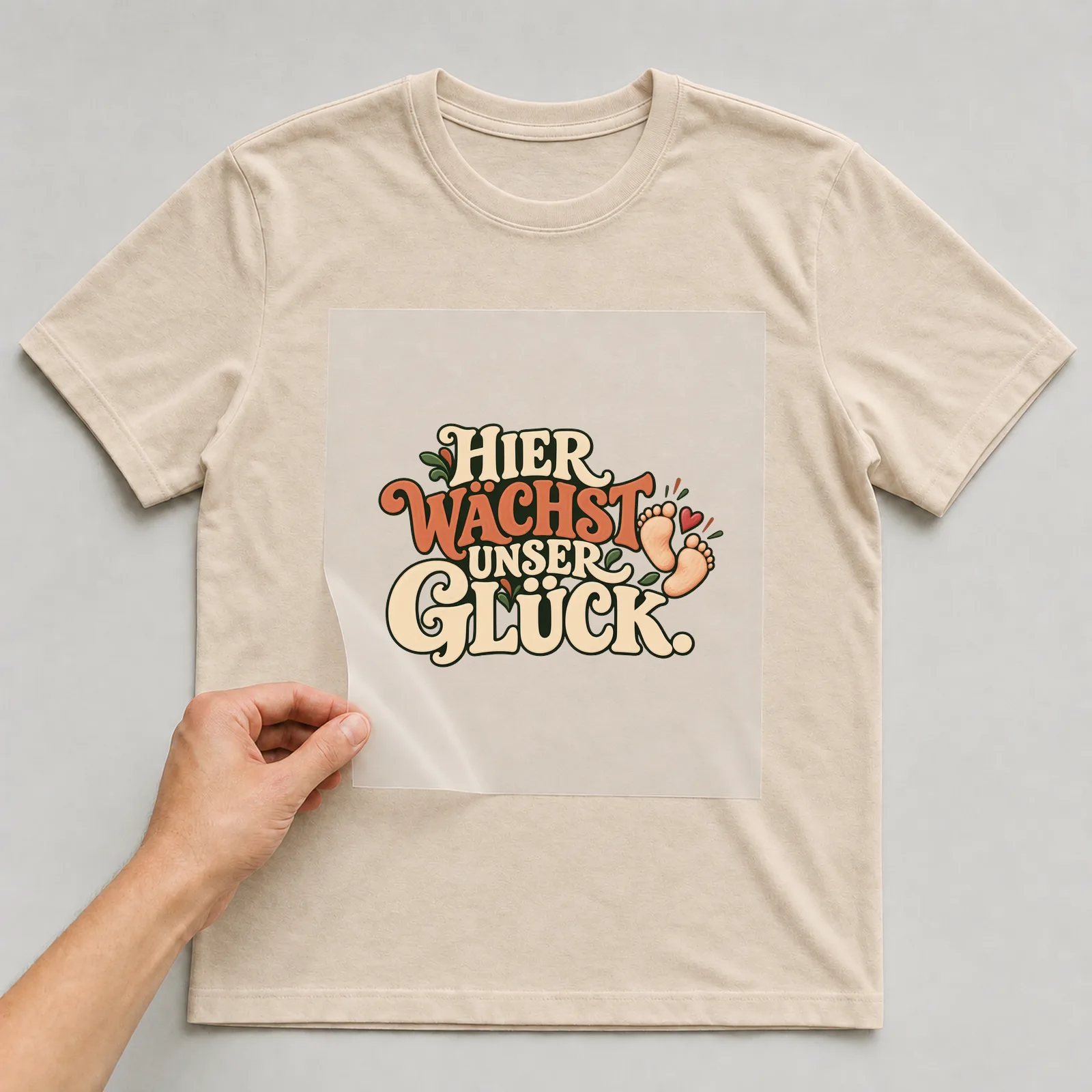 Bügelbild „Hier wächst unser Glück“ auf beigem T-Shirt, Folie wird aufgelegt