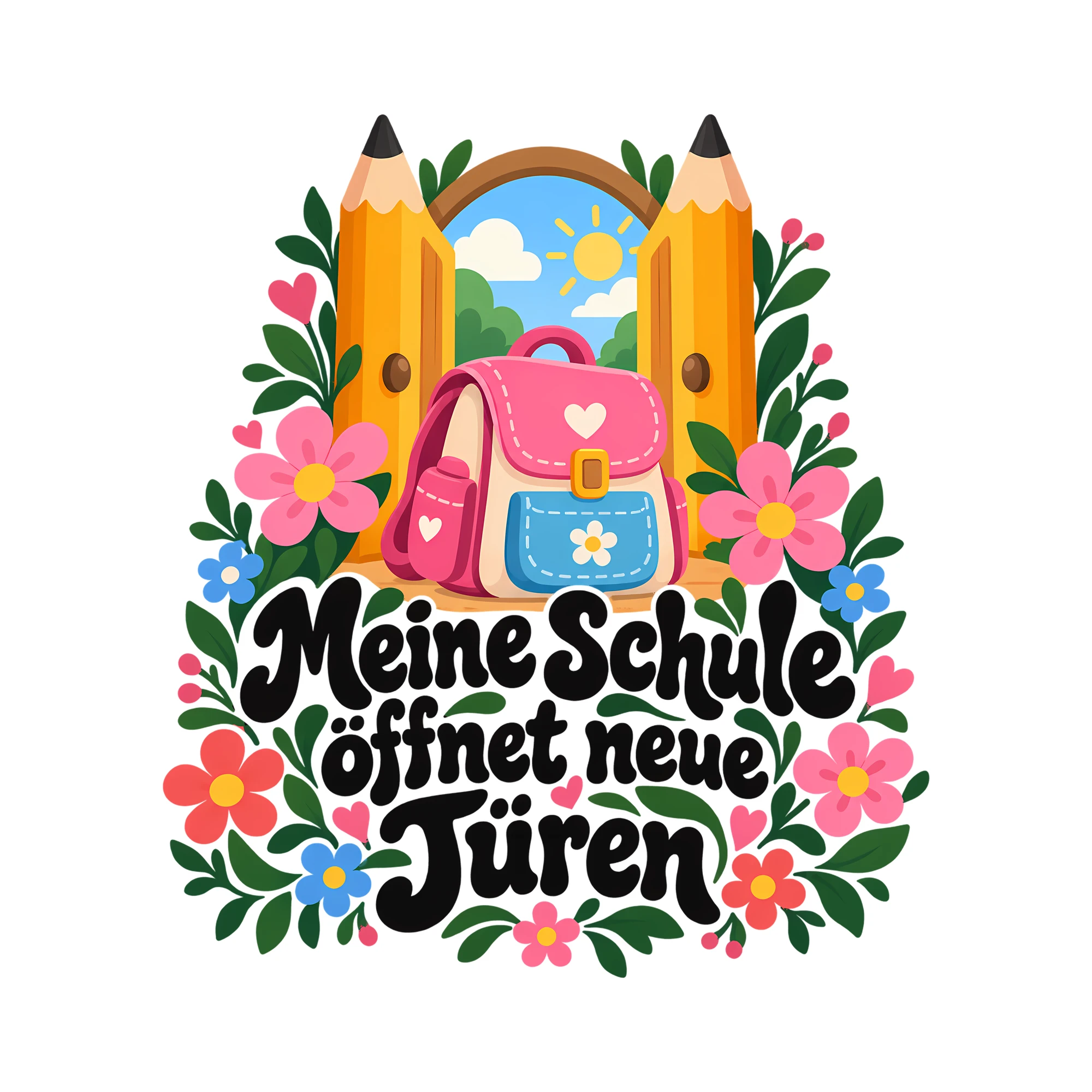 Bügelbild Meine Schule öffnet neue Türen als Grafik auf weißem Hintergrund (BB011774)