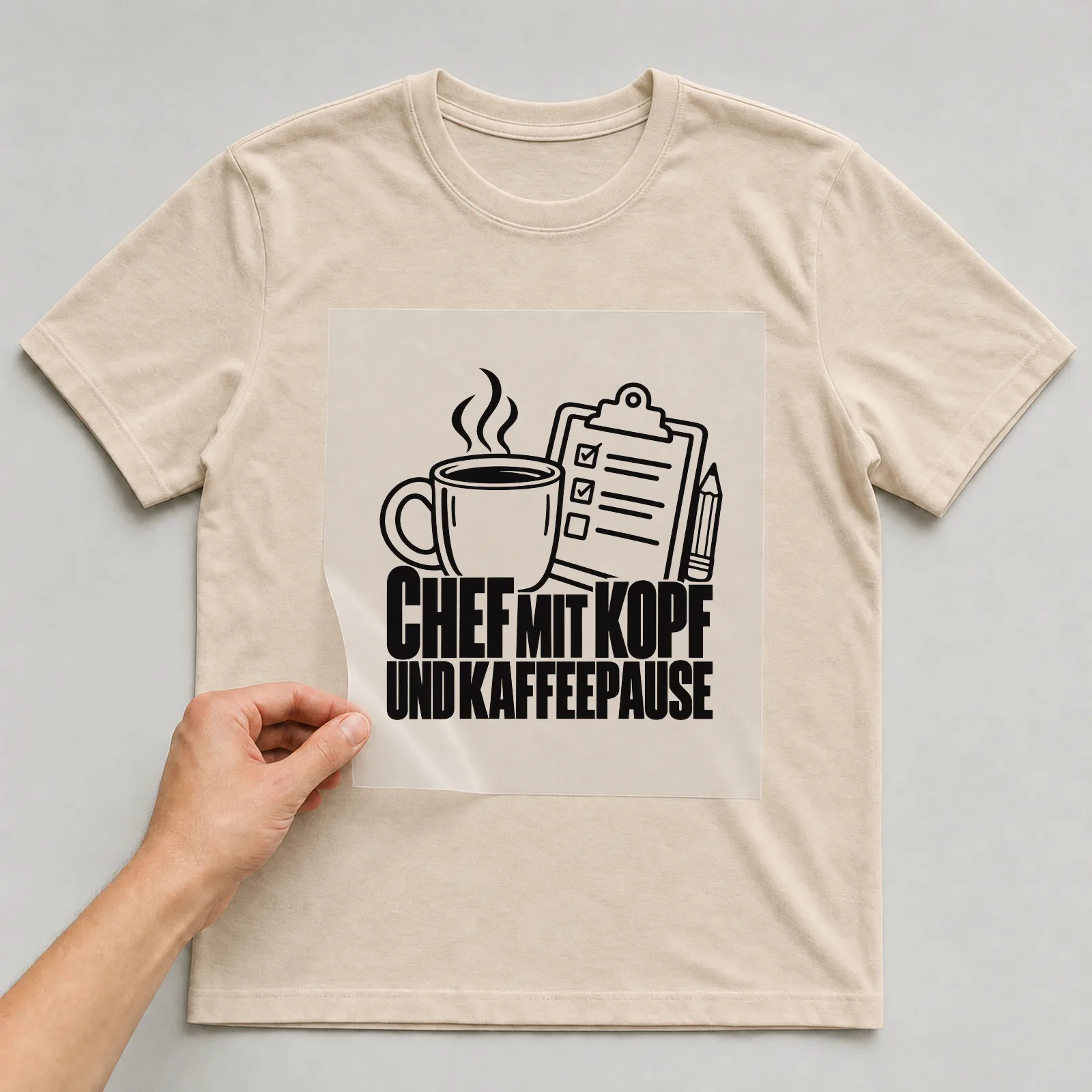 Bügelbild „Chef mit Kopf und Kaffeepause“ auf beigem T-Shirt, Folie wird aufgelegt