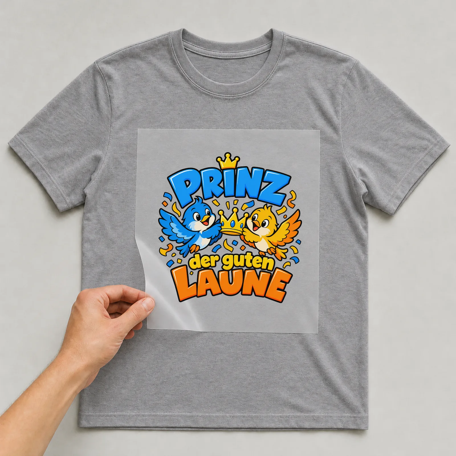 Bügelbild „Prinz der guten Laune“ auf grauem T-Shirt, Folie wird aufgelegt