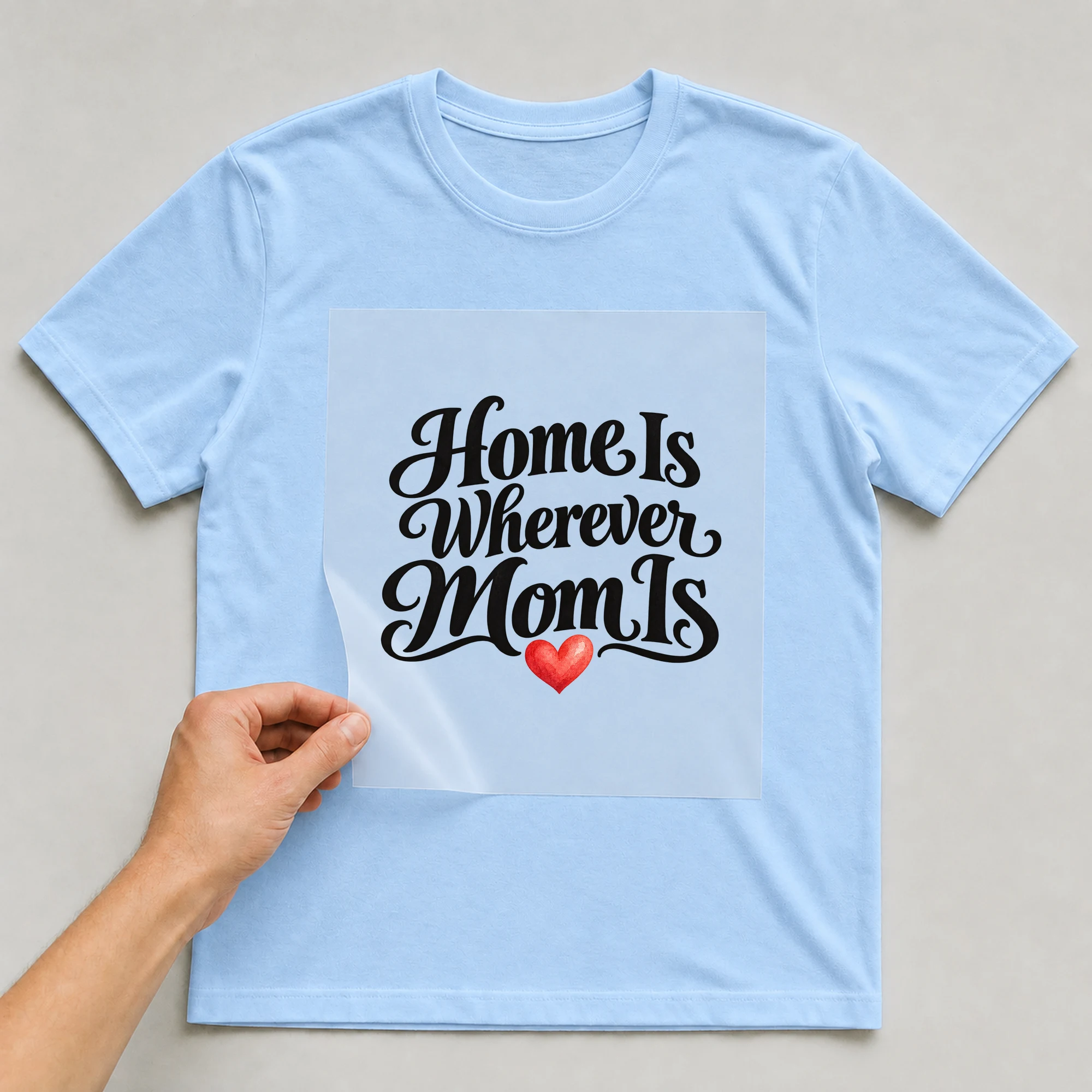Bügelbild „Home Is Wherever Mom Is“ auf babyblauem T-Shirt, Folie wird aufgelegt
