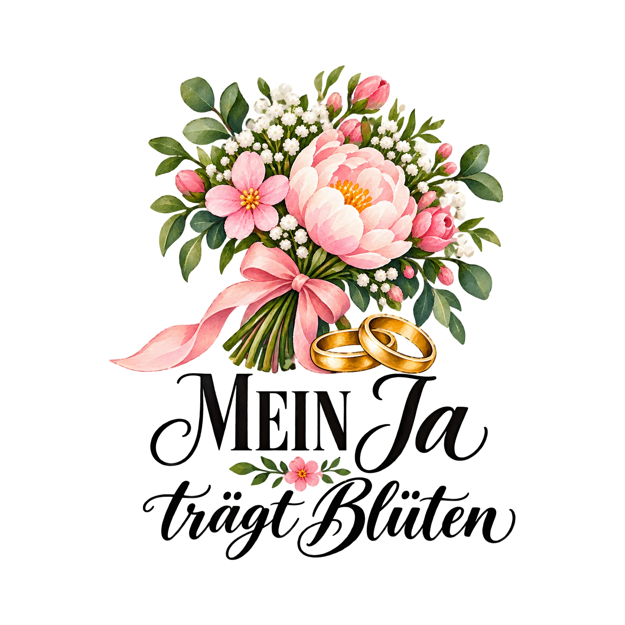 Bügelbild Mein Ja trägt Blüten als Grafik auf weißem Hintergrund (BB013138)