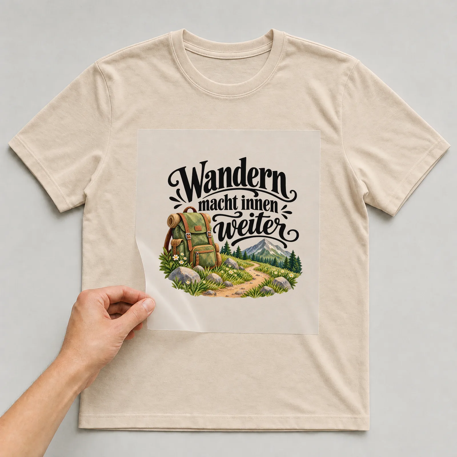 Bügelbild „Wandern macht innen weiter“ auf beigem T-Shirt, Folie wird aufgelegt