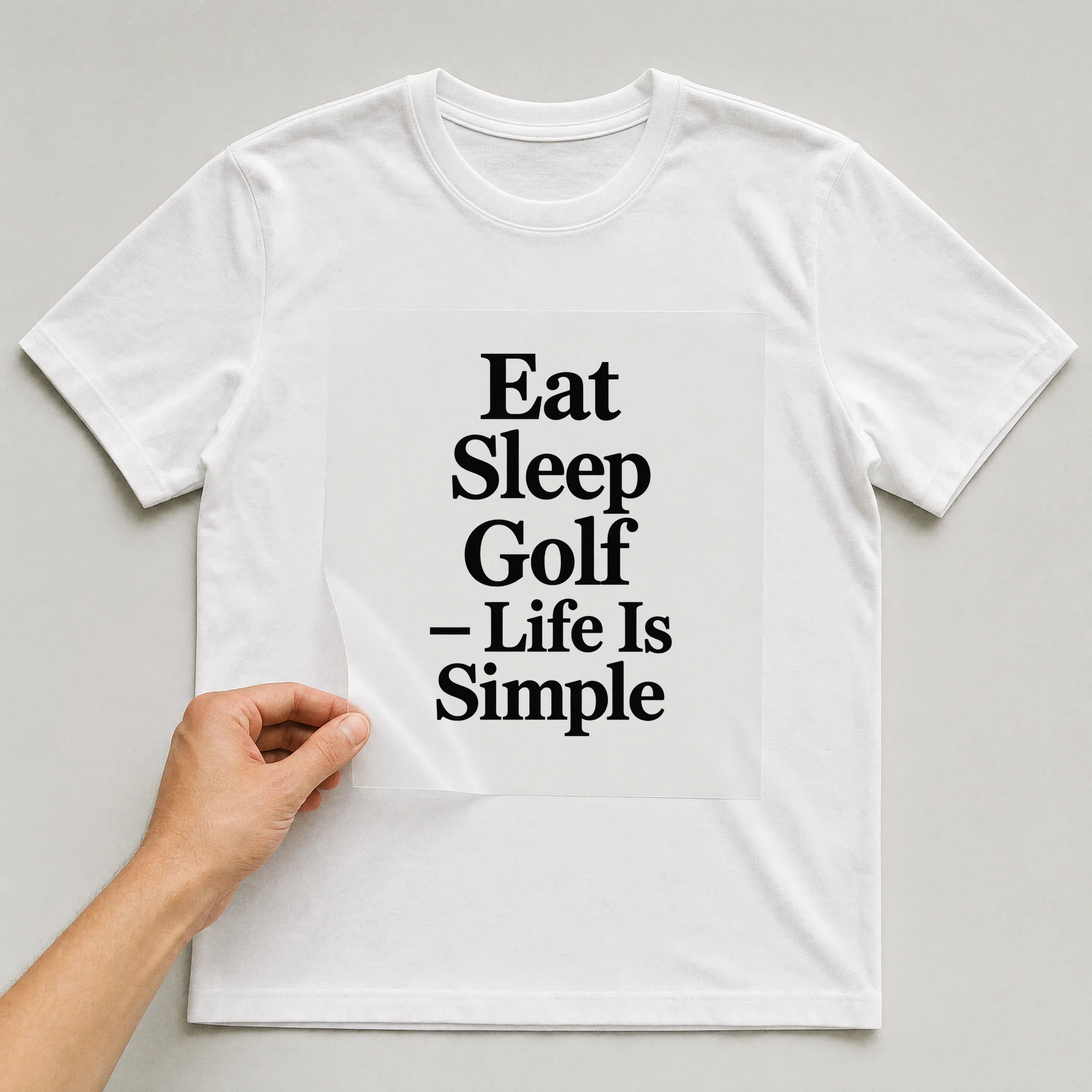 Bügelbild „Eat Sleep Golf: Life Is Simple“ auf weißem T-Shirt, Folie wird aufgelegt