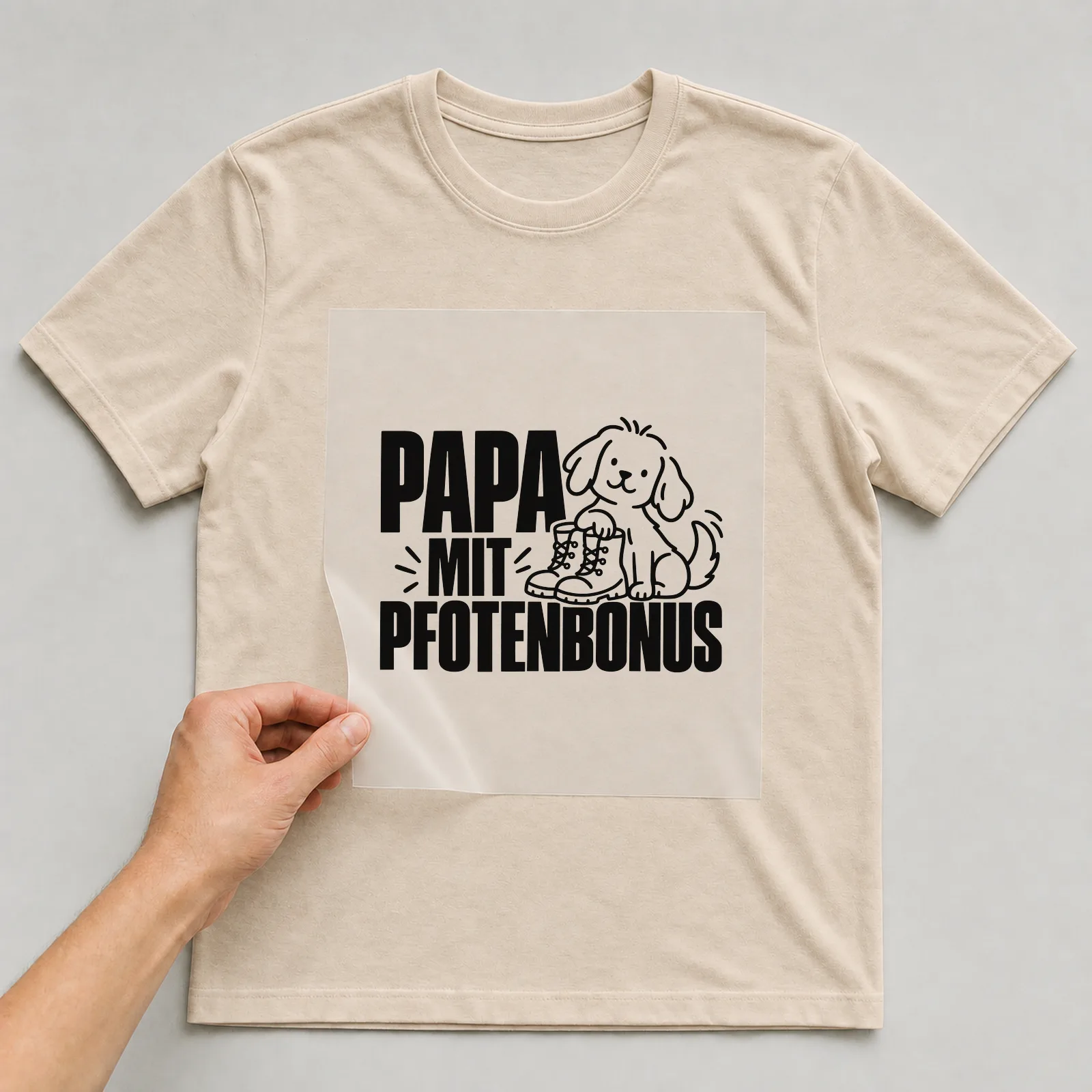 Bügelbild „Papa mit Pfotenbonus“ auf beigem T-Shirt, Folie wird aufgelegt