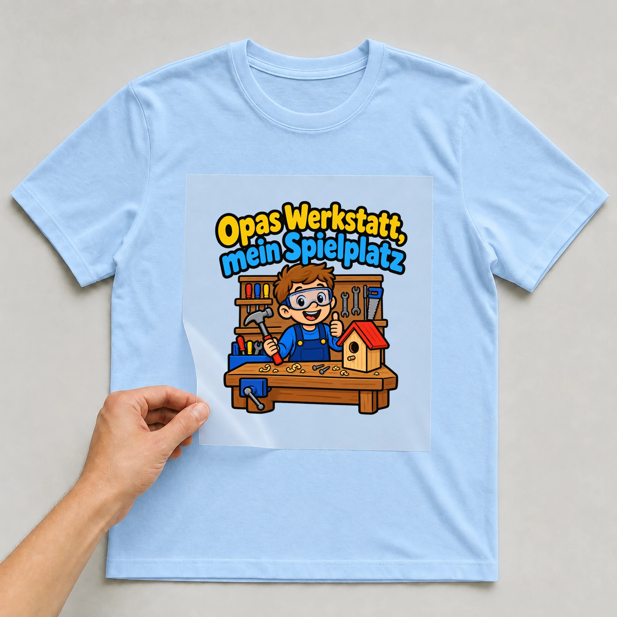 Bügelbild „Opas Werkstatt, mein Spielplatz“ auf babyblauem T-Shirt, Folie wird aufgelegt