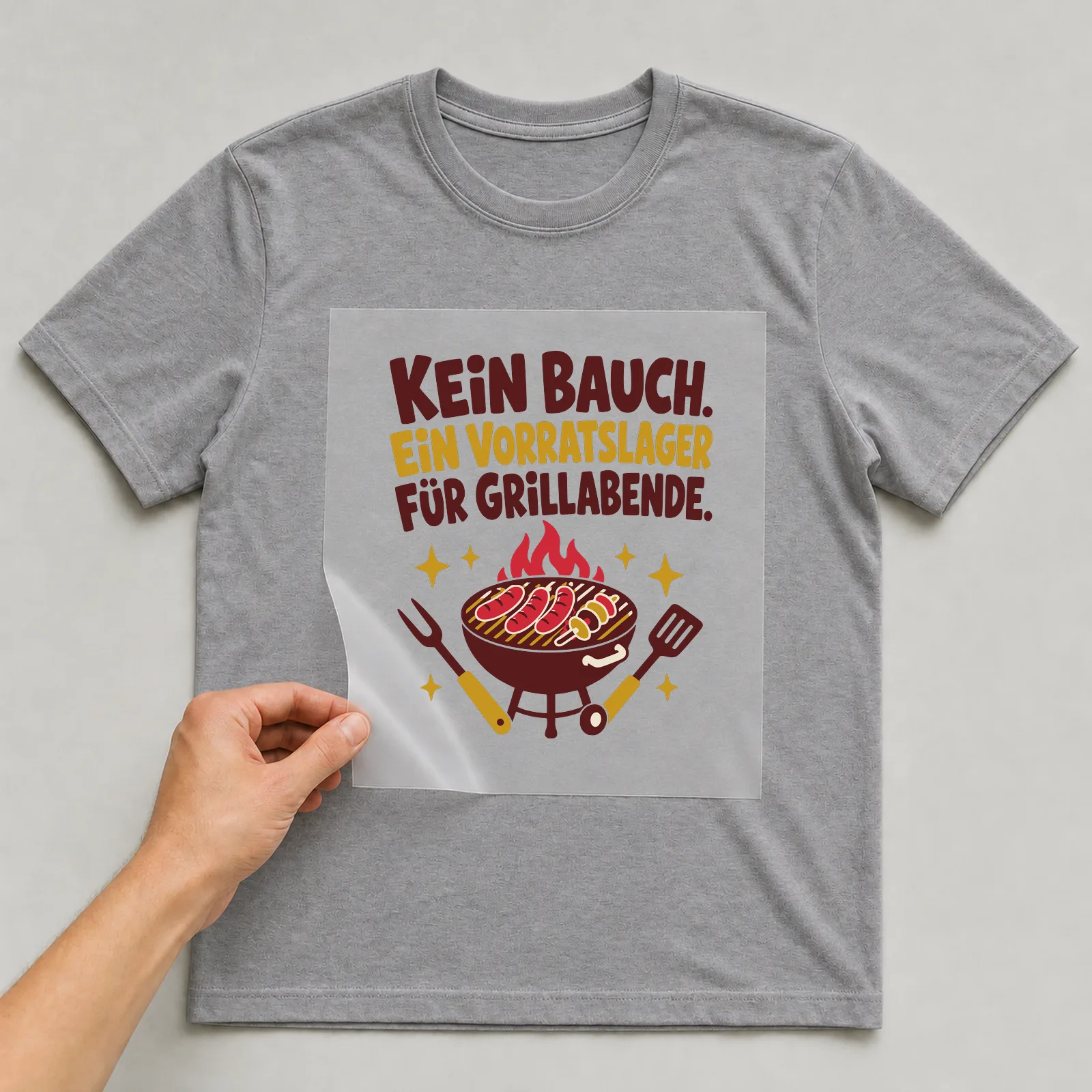 Bügelbild Kein Bauch. Ein Vorratslager für Grillabende. auf grauem T-Shirt, Folie wird aufgelegt