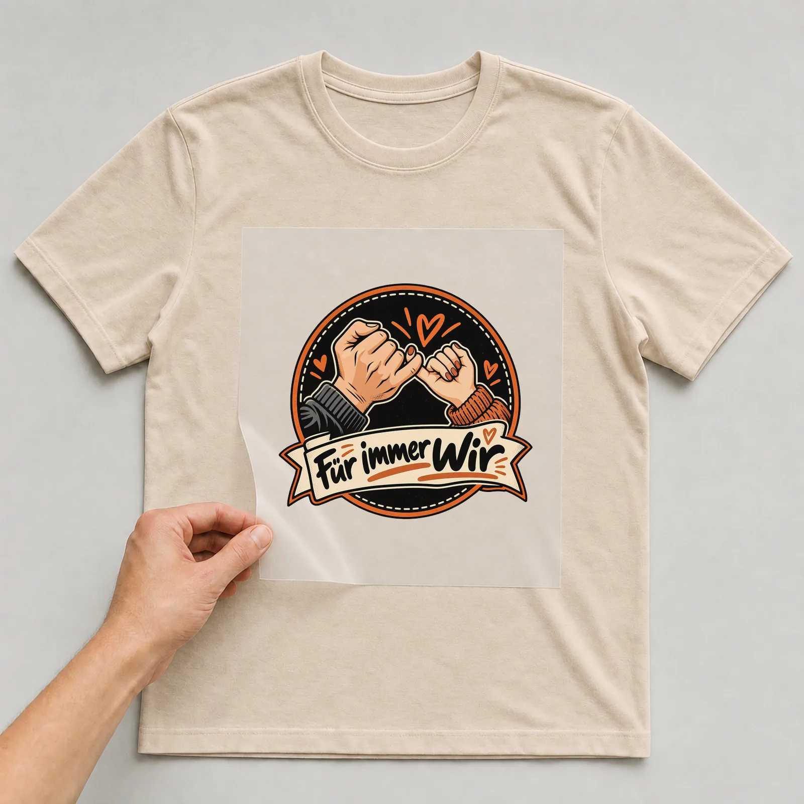 Bügelbild „Für immer Wir“ (Retro-Badge, Nr. 2) auf beigem T-Shirt, Folie wird aufgelegt