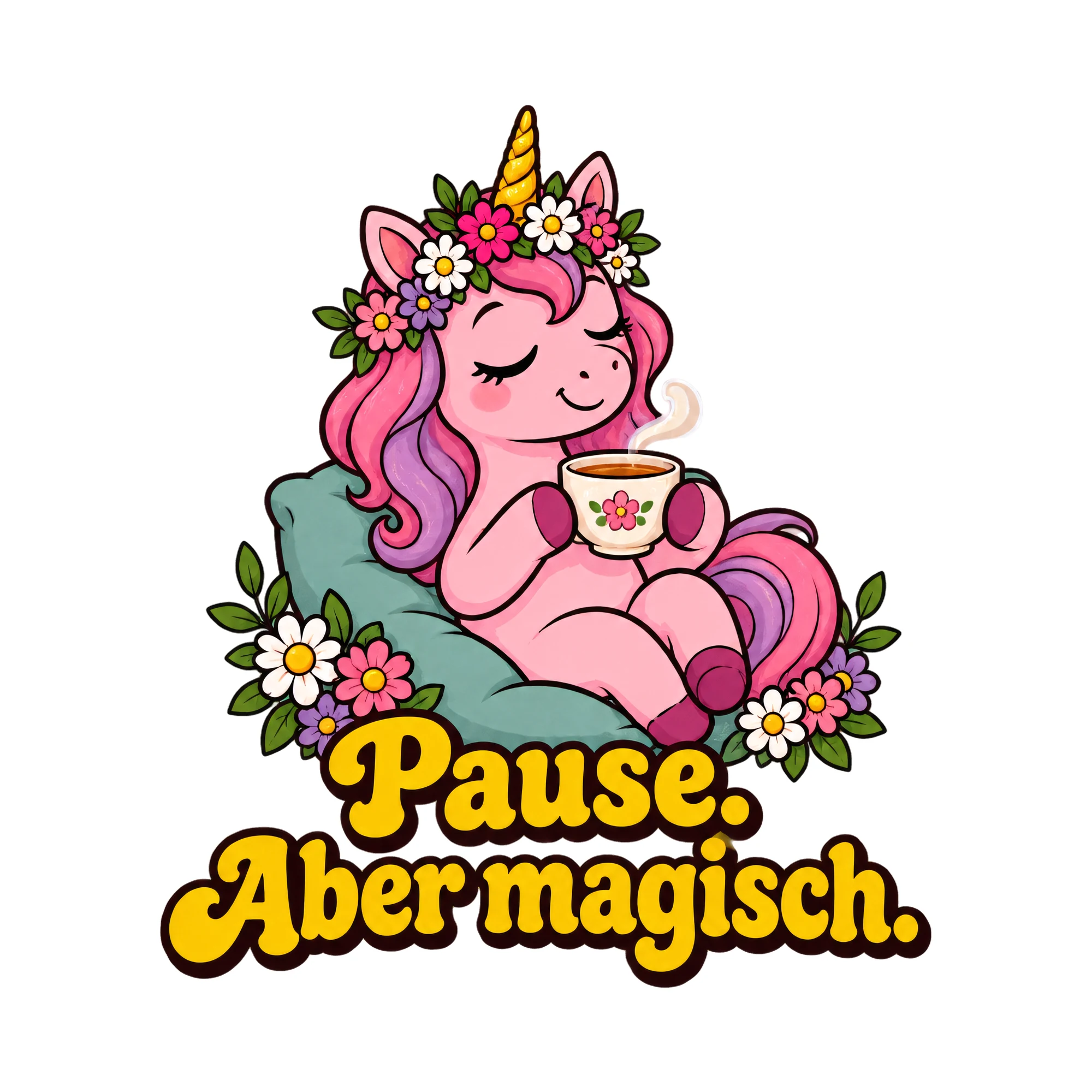 Bügelbild Ein Schluck Einhornpause als Grafik auf weißem Hintergrund (BB011942)