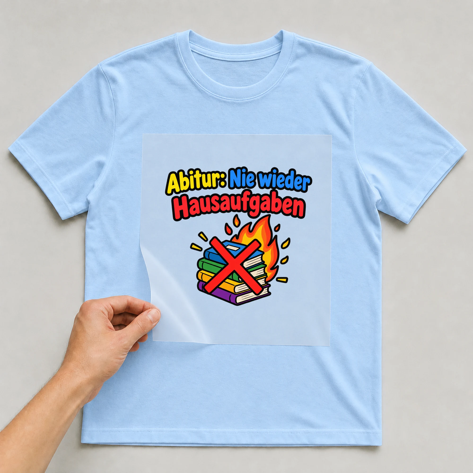 Bügelbild „Abitur: Nie wieder Hausaufgaben“ auf babyblauem T-Shirt, Folie wird aufgelegt