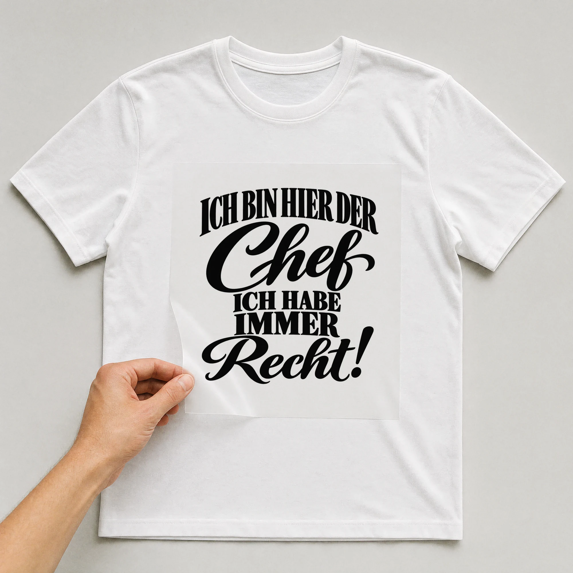 Bügelbild „Ich bin hier der Chef ich habe immer Recht!“ auf weißem T-Shirt, Folie wird aufgelegt