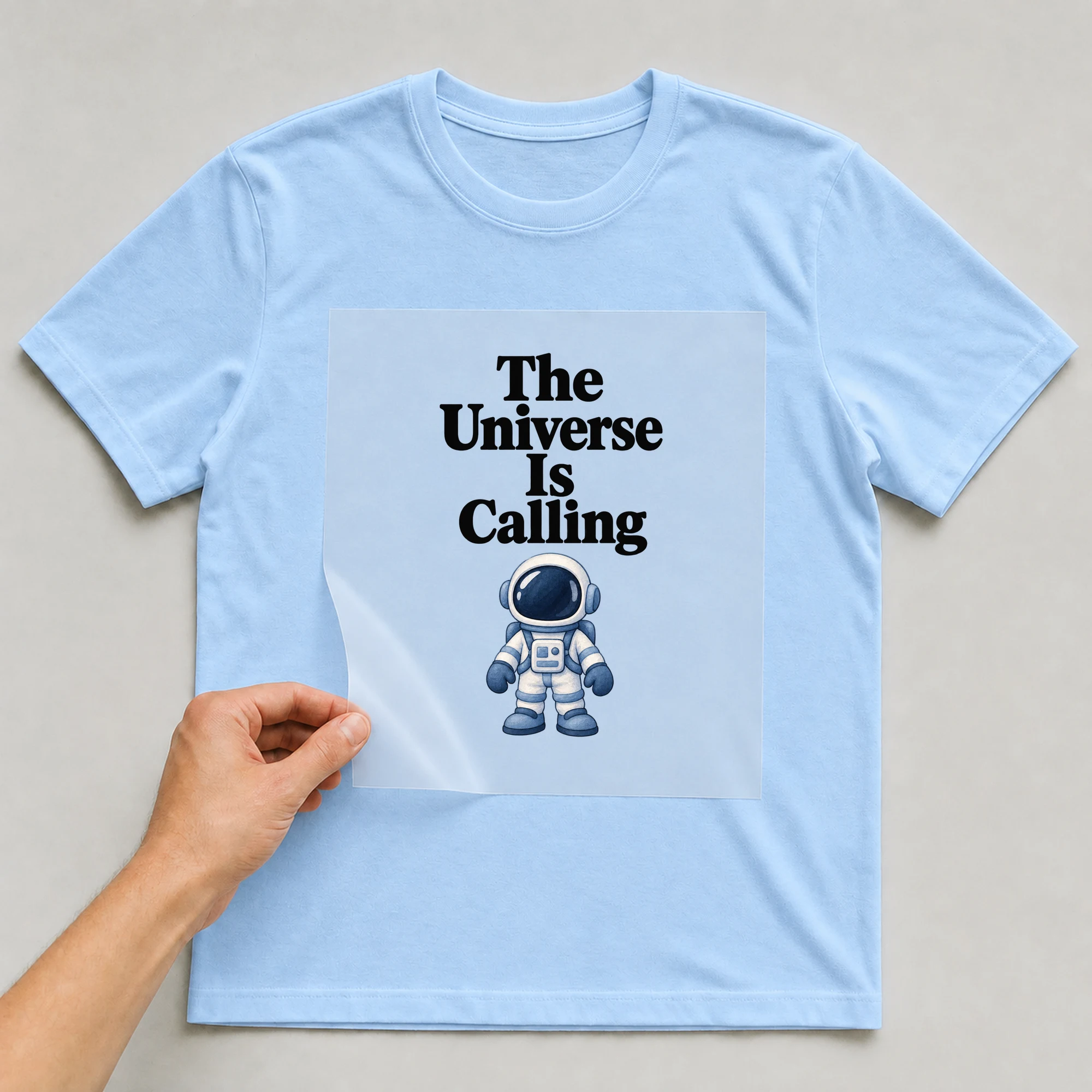 Bügelbild „The Universe Is Calling“ auf babyblauem T-Shirt, Folie wird aufgelegt