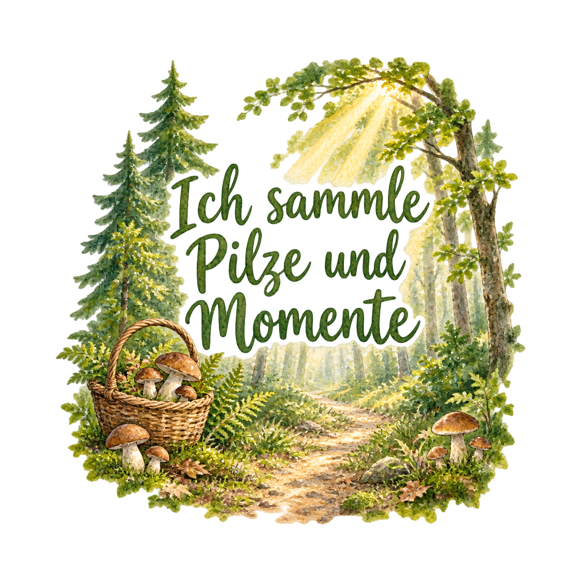 Bügelbild Ich sammle Pilze und Momente als Grafik auf weißem Hintergrund (BB019350)