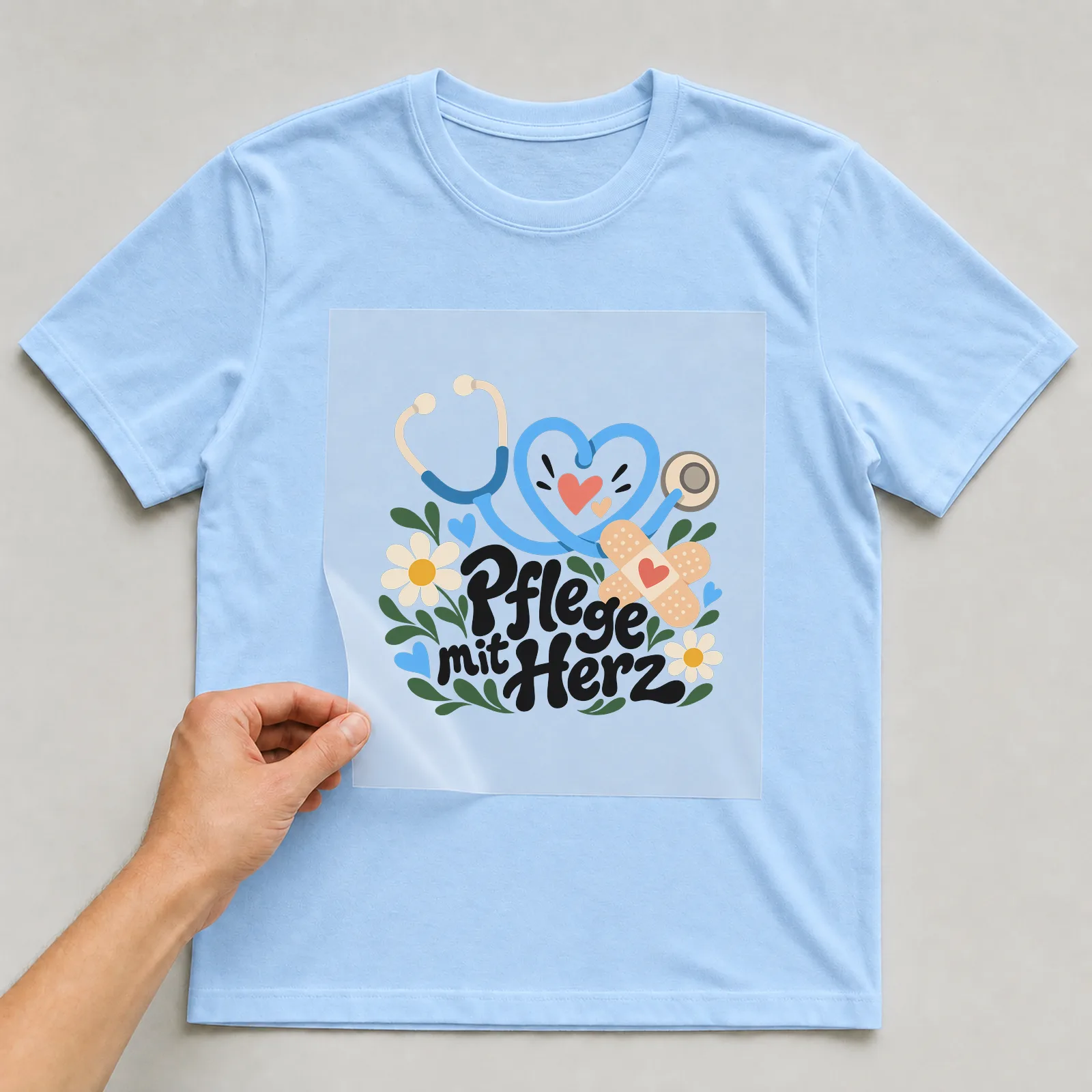 Bügelbild „Pflege mit Herz“ auf hellblauem T-Shirt, Folie wird aufgelegt