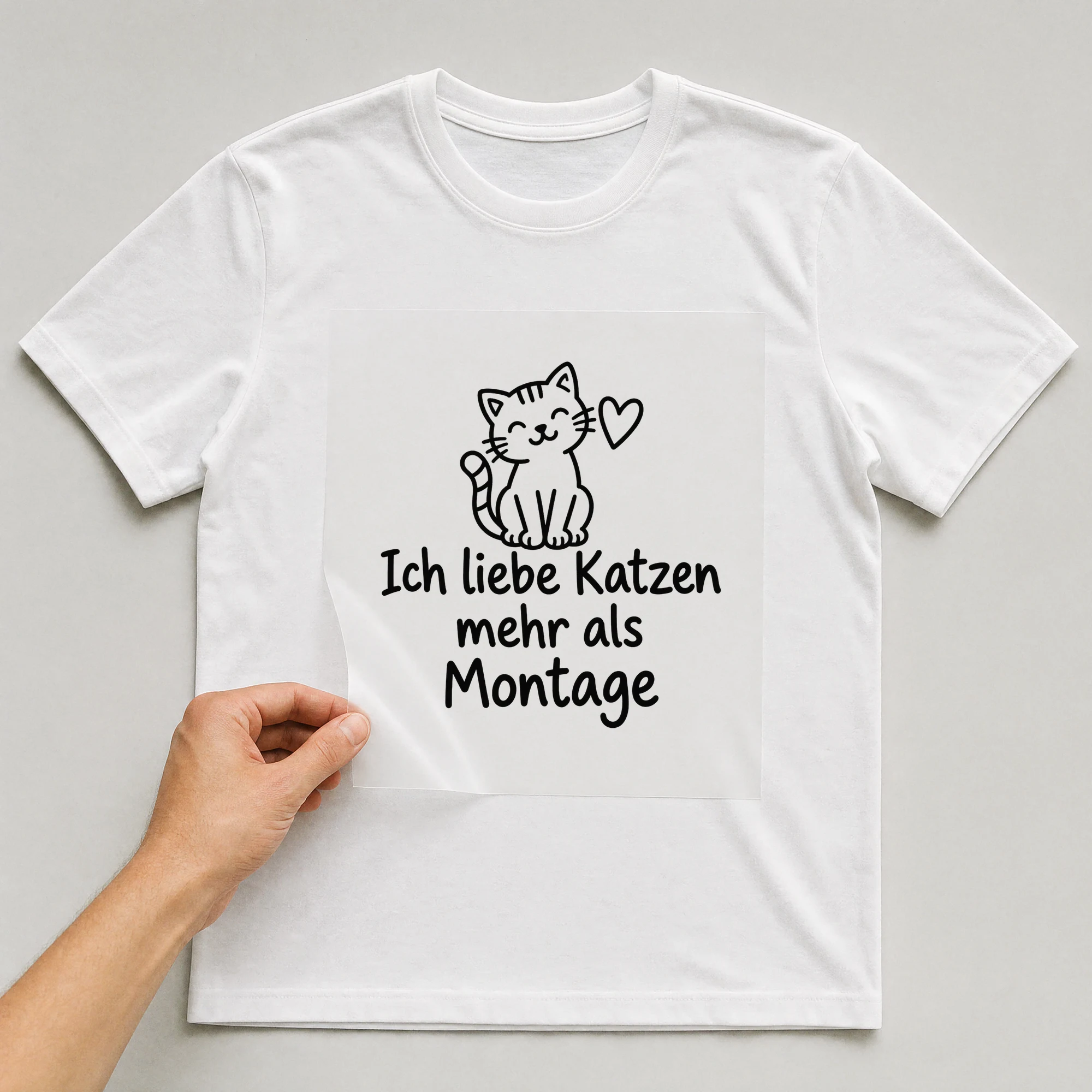 Bügelbild „Ich liebe Katzen mehr als Montage“ auf weißem T-Shirt, Folie wird aufgelegt