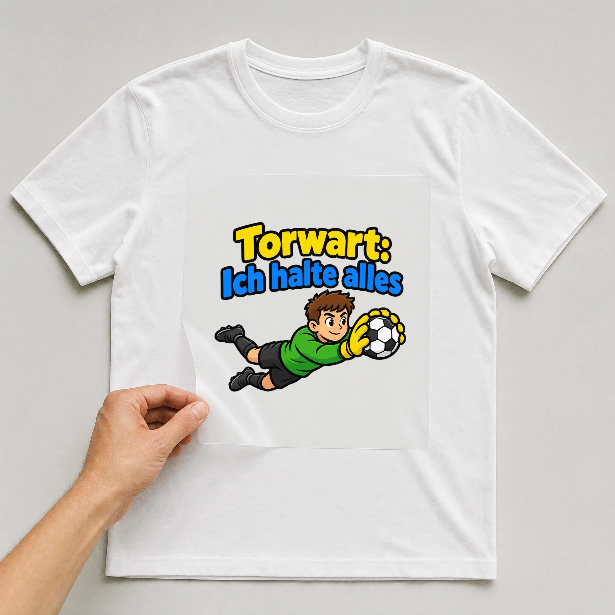 Bügelbild „Torwart: Ich halte alles“ auf weißem T-Shirt, Folie wird aufgelegt