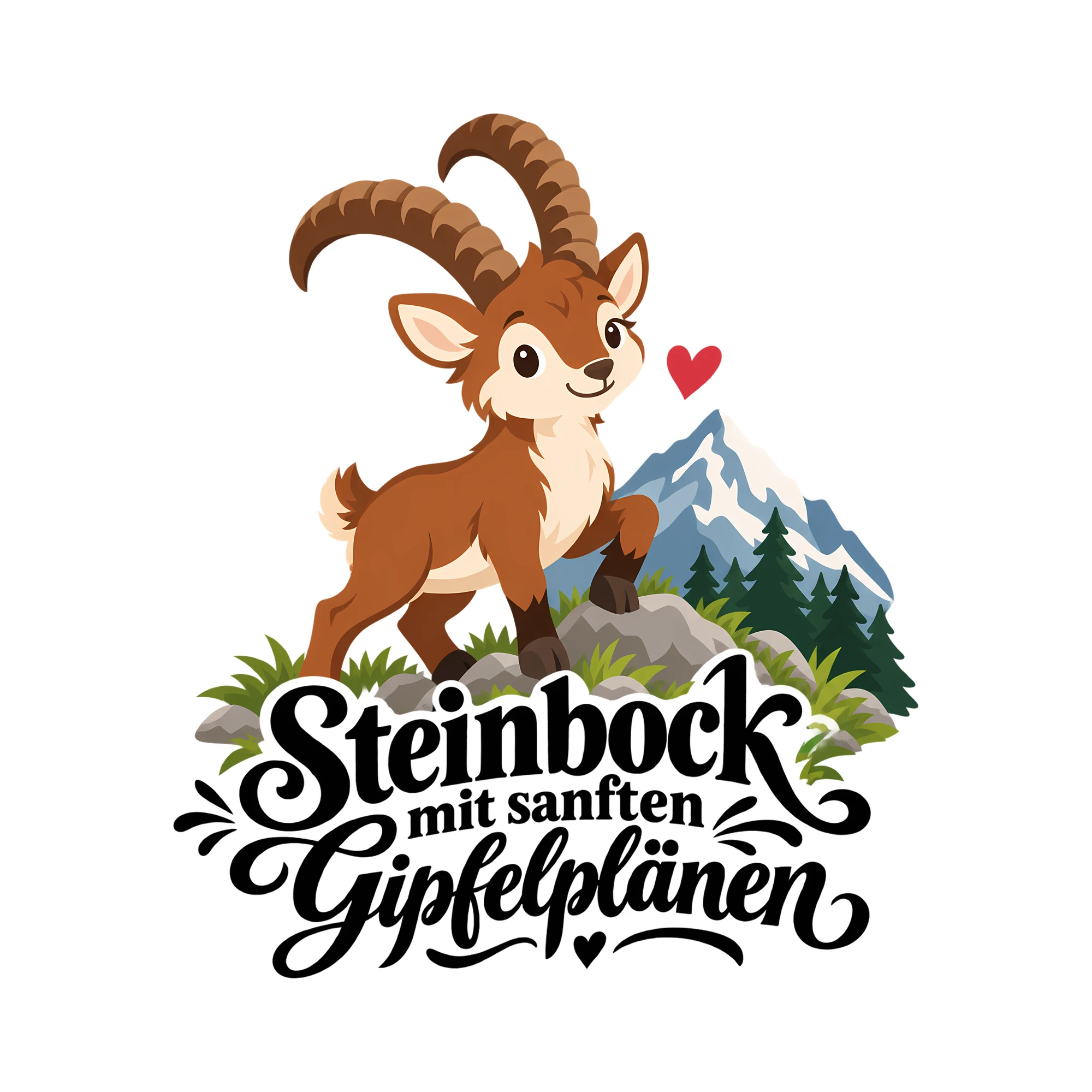 Bügelbild Steinbock mit sanften Gipfelplänen als Grafik auf weißem Hintergrund (BB014594)