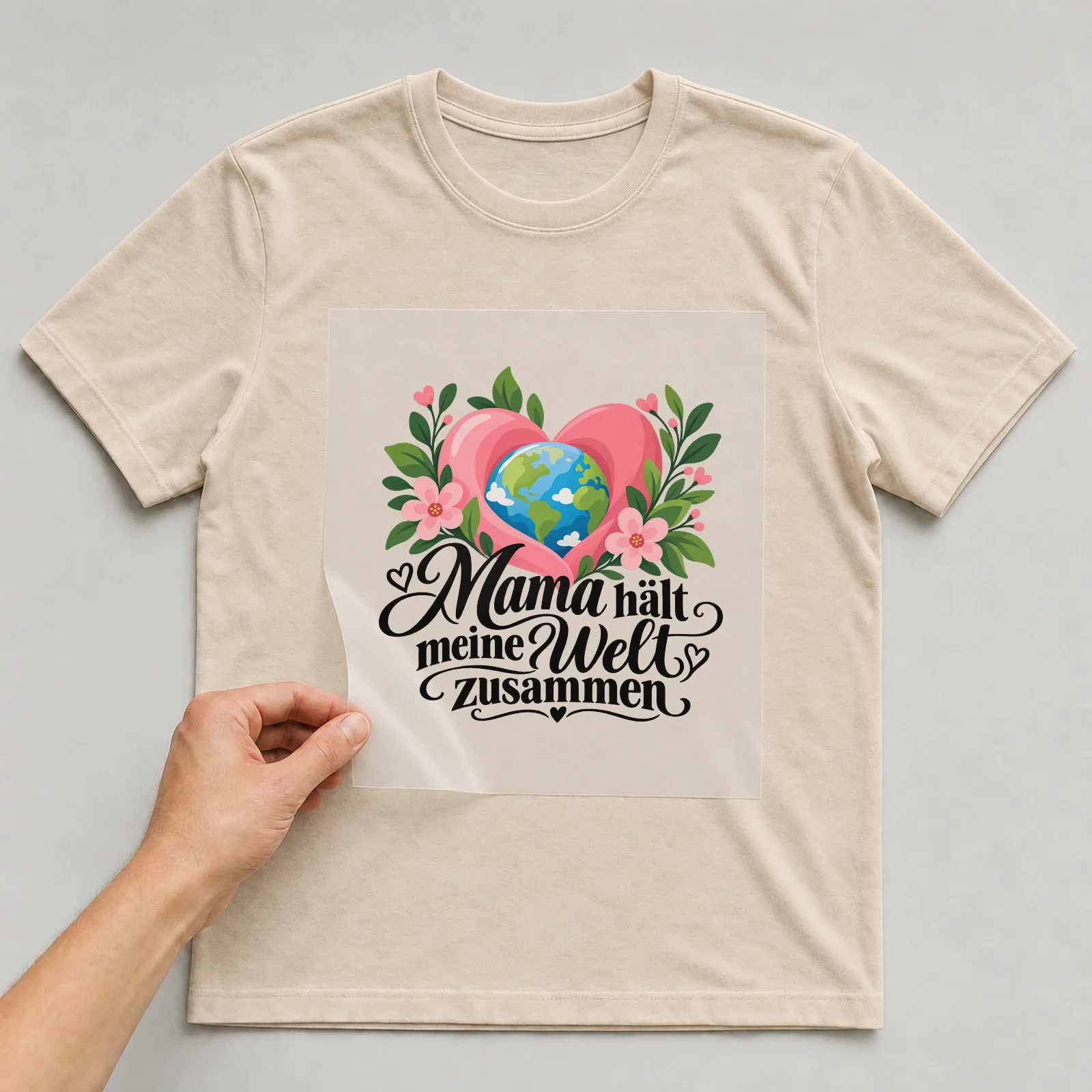 Bügelbild „Mama hält meine Welt zusammen“ auf beigem T-Shirt, Folie wird aufgelegt