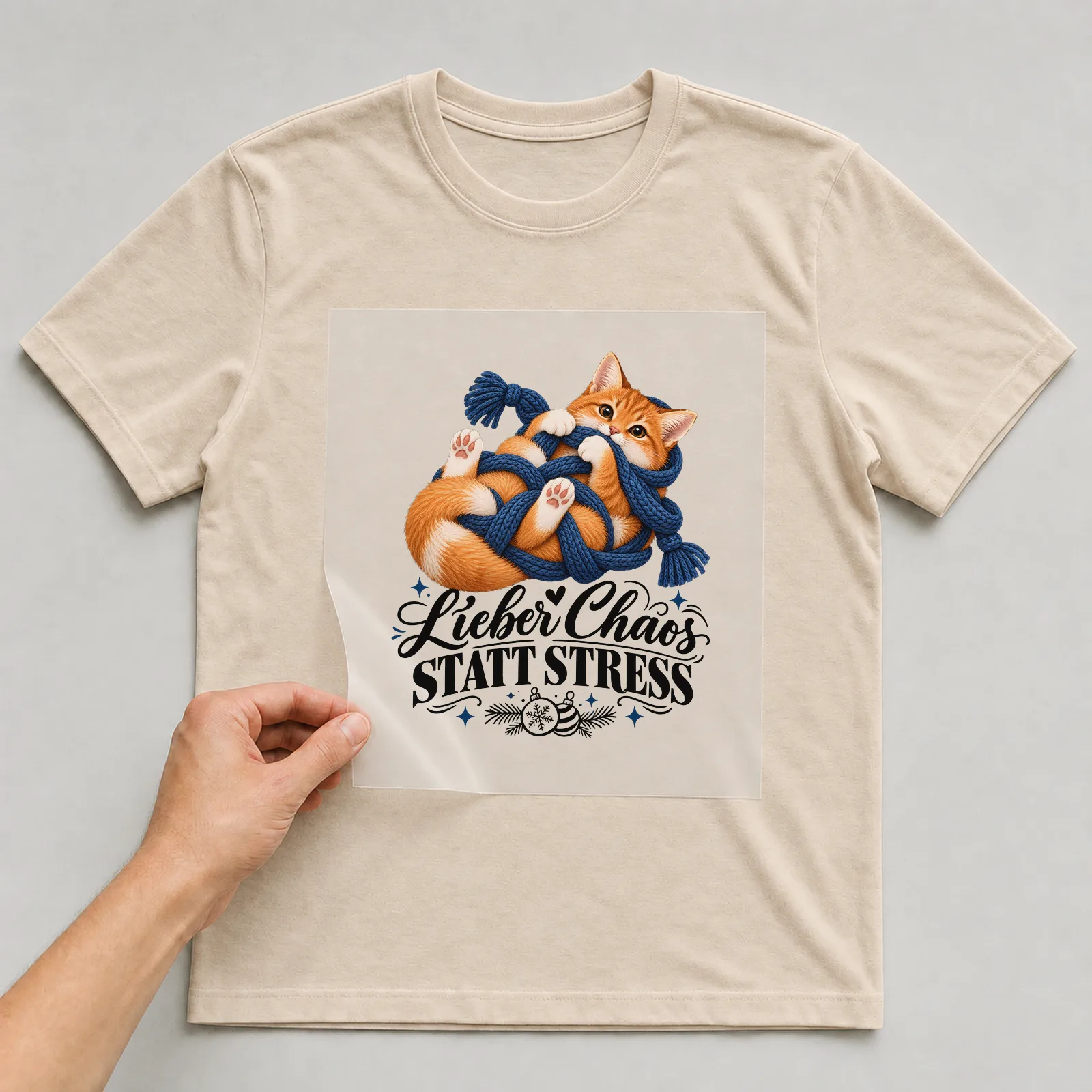 Bügelbild „Lieber Chaos statt Stress“ auf beigem T-Shirt, Folie wird aufgelegt