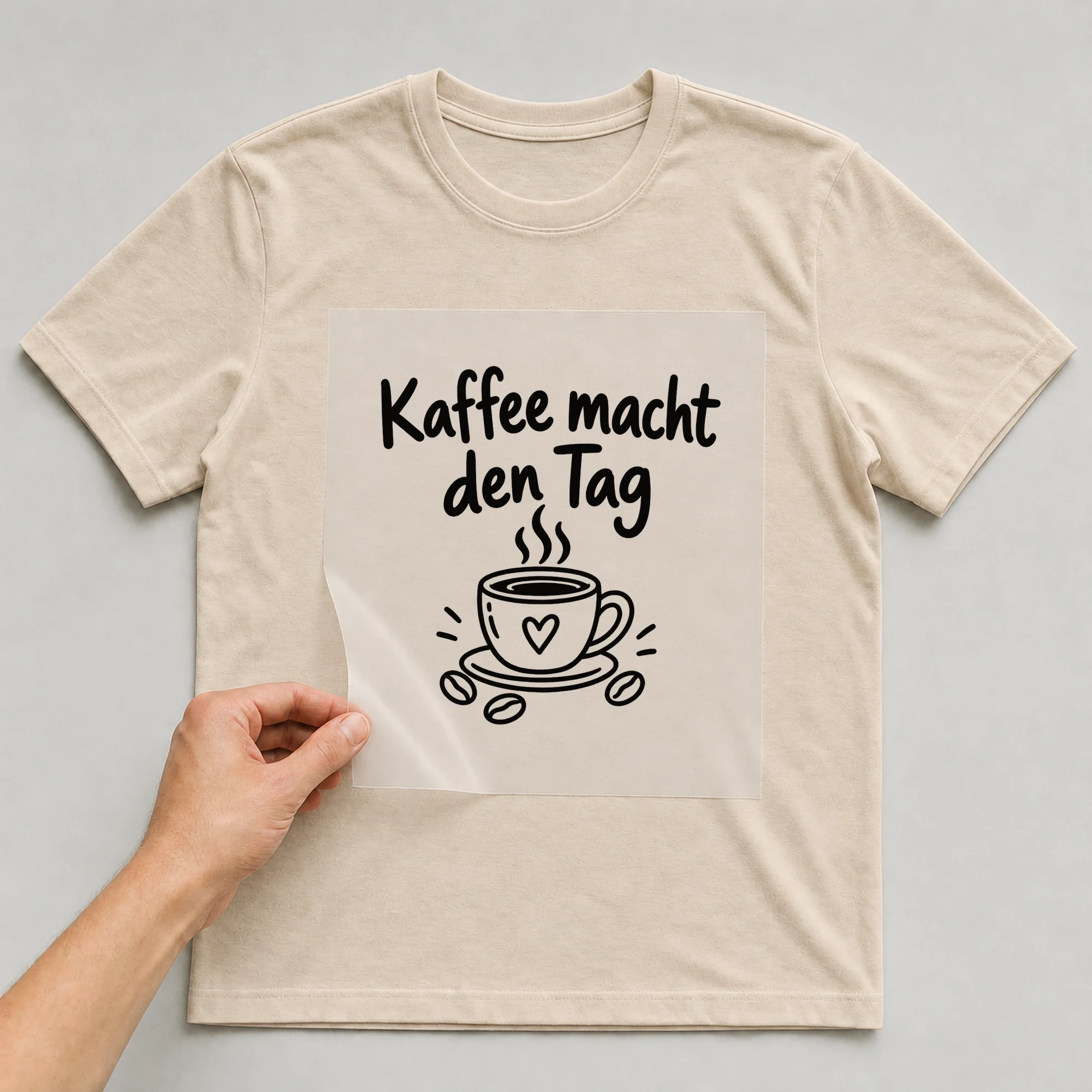 Bügelbild „Kaffee macht den Tag“ auf beigem T-Shirt, Folie wird aufgelegt