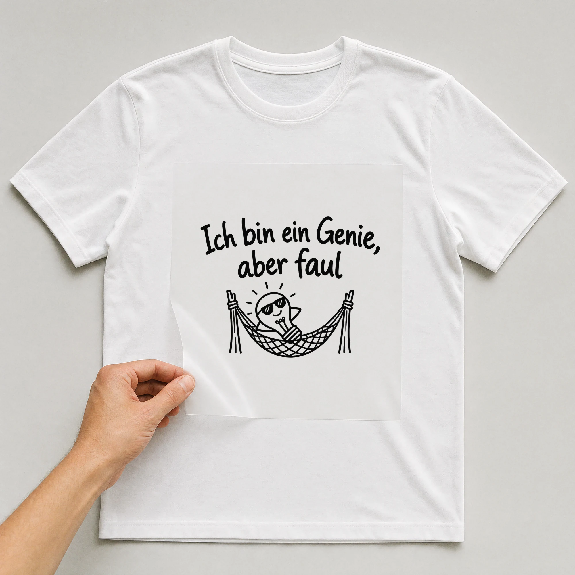 Bügelbild „Ich bin ein Genie, aber faul“ auf weißem T-Shirt, Folie wird aufgelegt