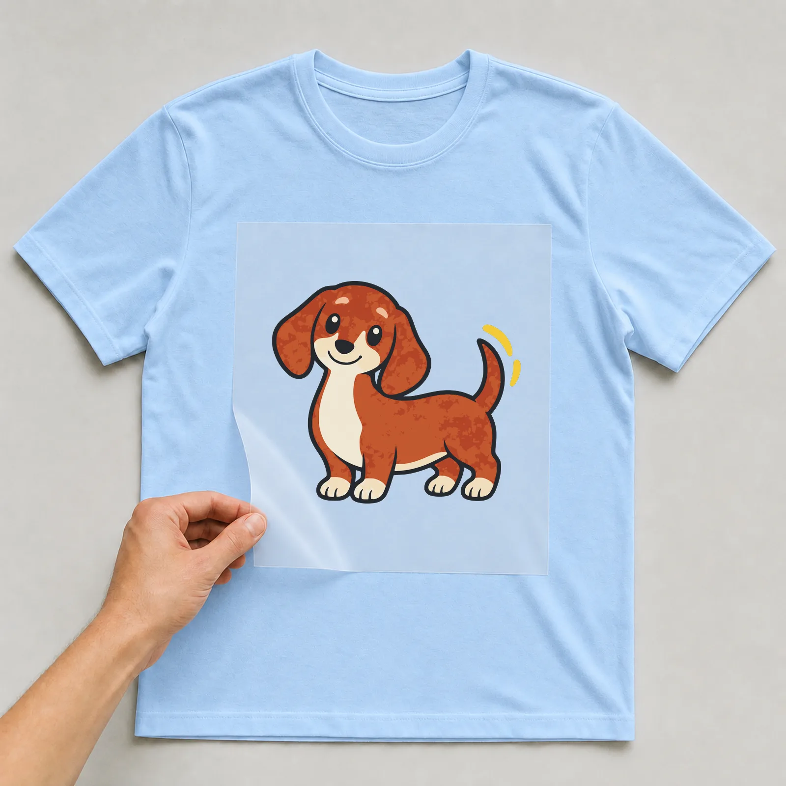 Bügelbild Dackel im Comic-Stil auf hellblauem T-Shirt, Folie wird aufgelegt