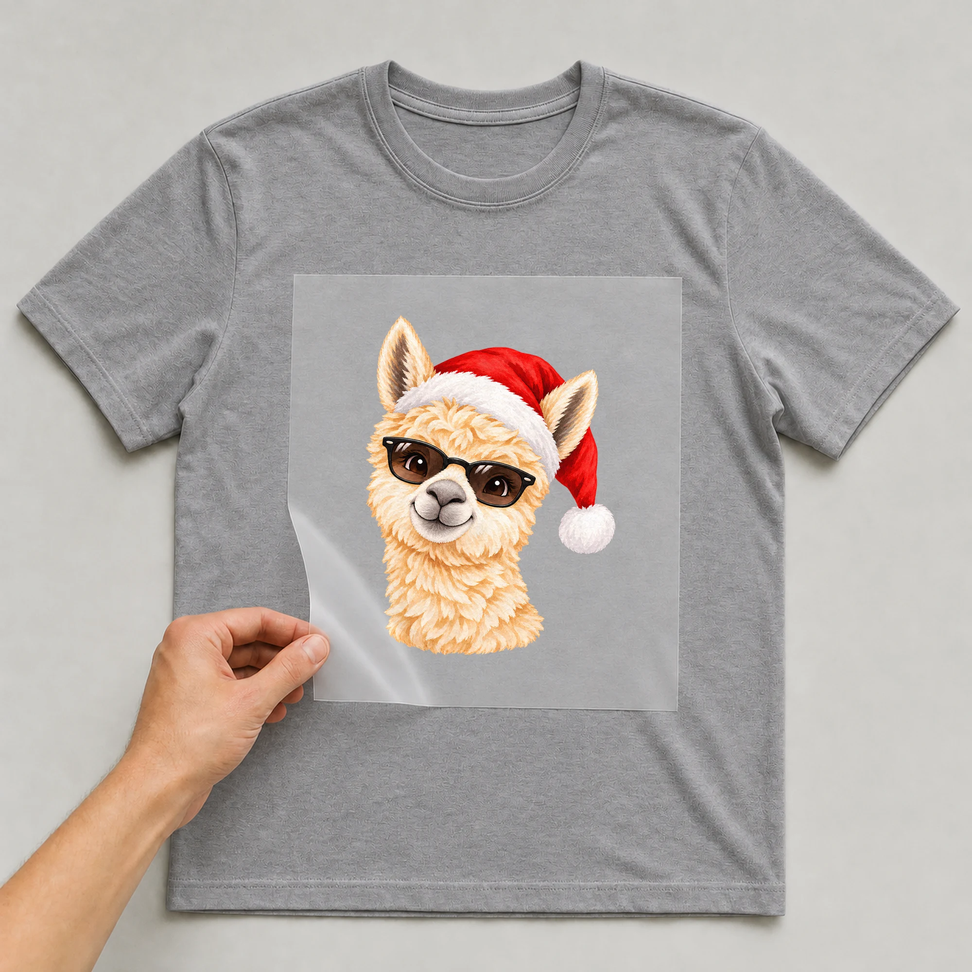 Bügelbild „Cooles Weihnachtsmann-Alpaka“ auf grauem T-Shirt, Folie wird aufgelegt