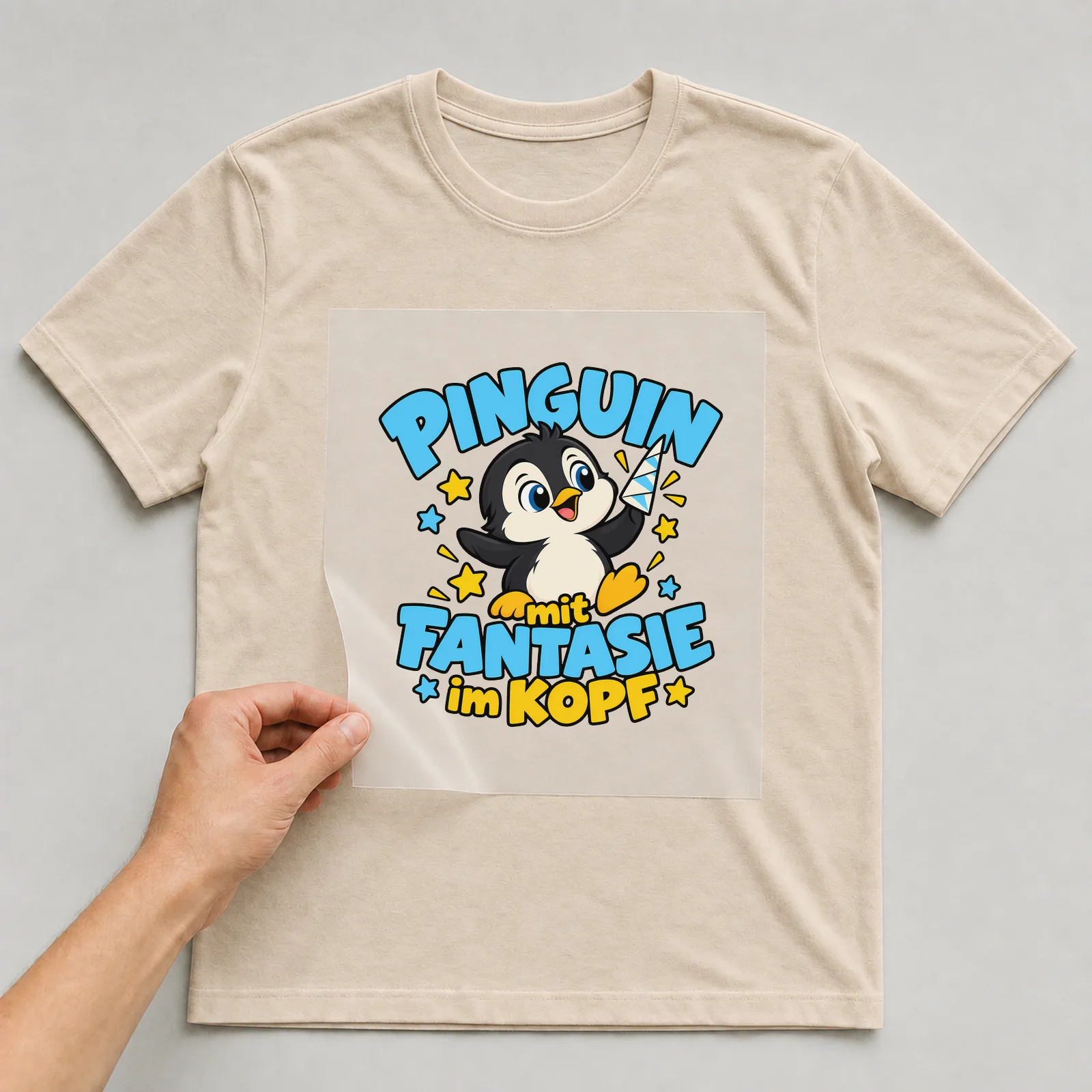 Bügelbild „Pinguin mit Fantasie im Kopf“ auf beigem T-Shirt, Folie wird aufgelegt