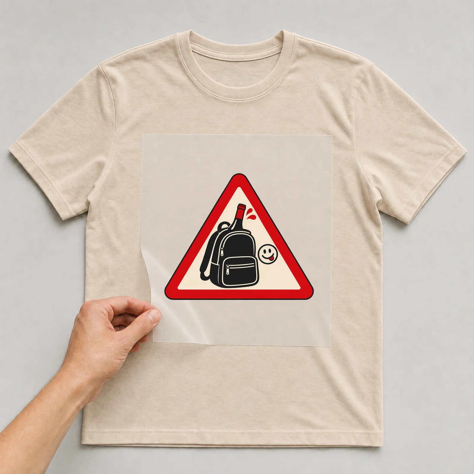 Bügelbild freundschaft warndreieck rucksack auf beigem T-Shirt, Folie wird aufgelegt