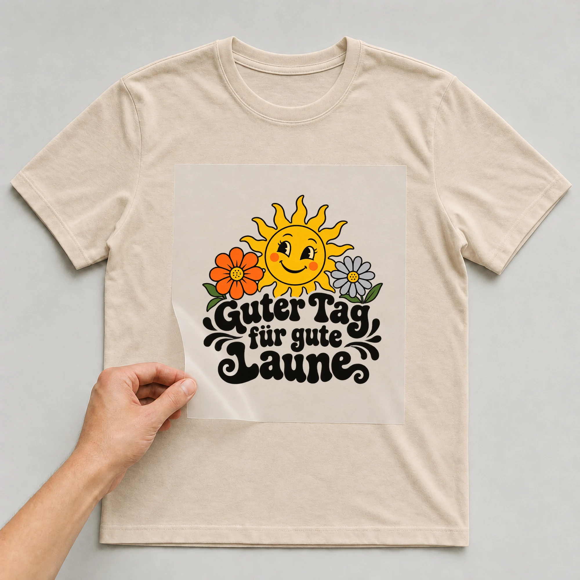 Bügelbild „Heute ist ein guter Tag“ auf beigem T-Shirt, Folie wird aufgelegt