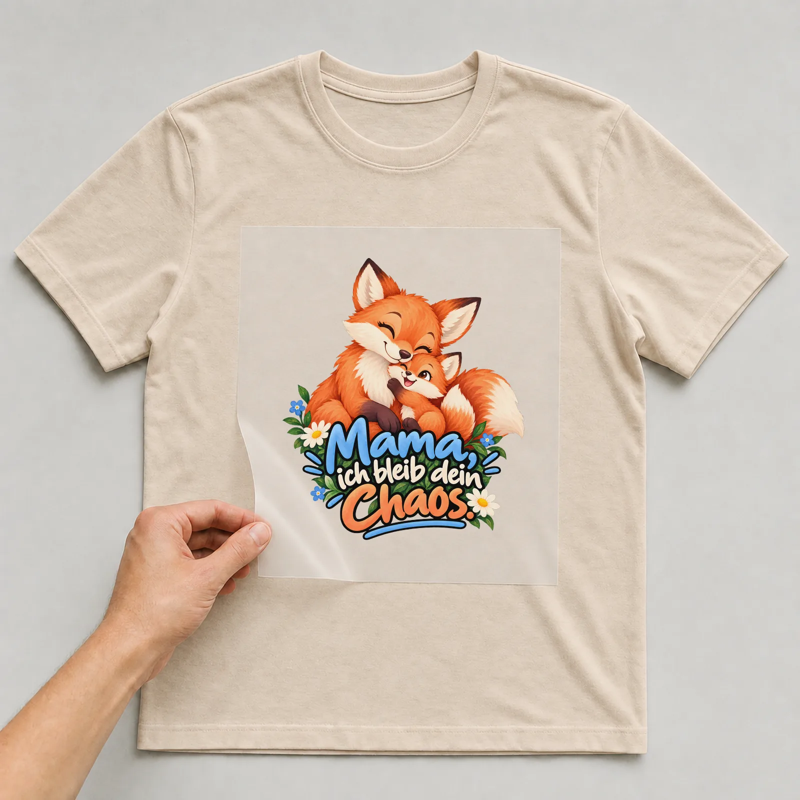 Bügelbild „Mama, ich bleib dein Chaos“ auf beigem T-Shirt, Folie wird aufgelegt