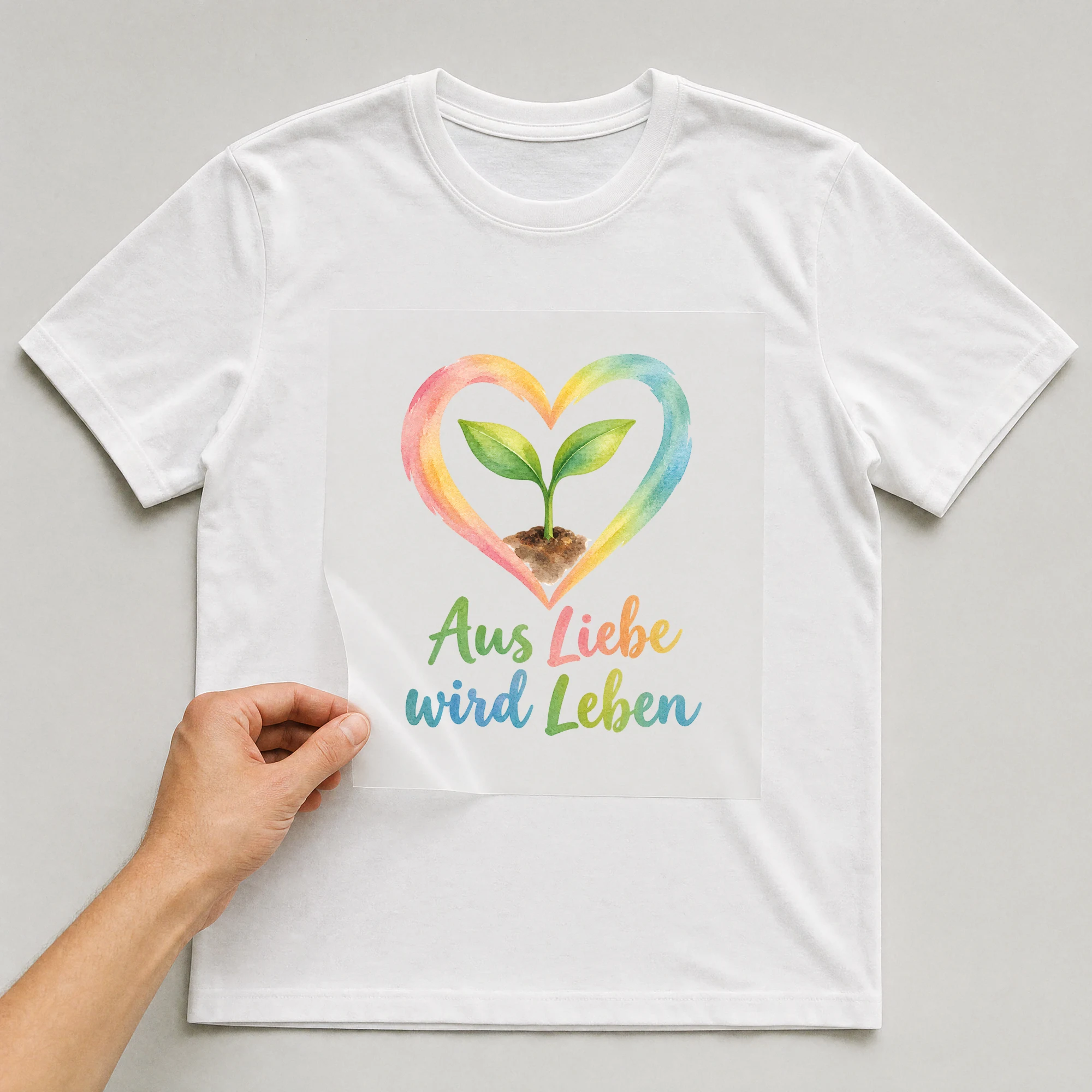 Bügelbild „Aus Liebe wird Leben“ auf weißem T-Shirt, Folie wird aufgelegt