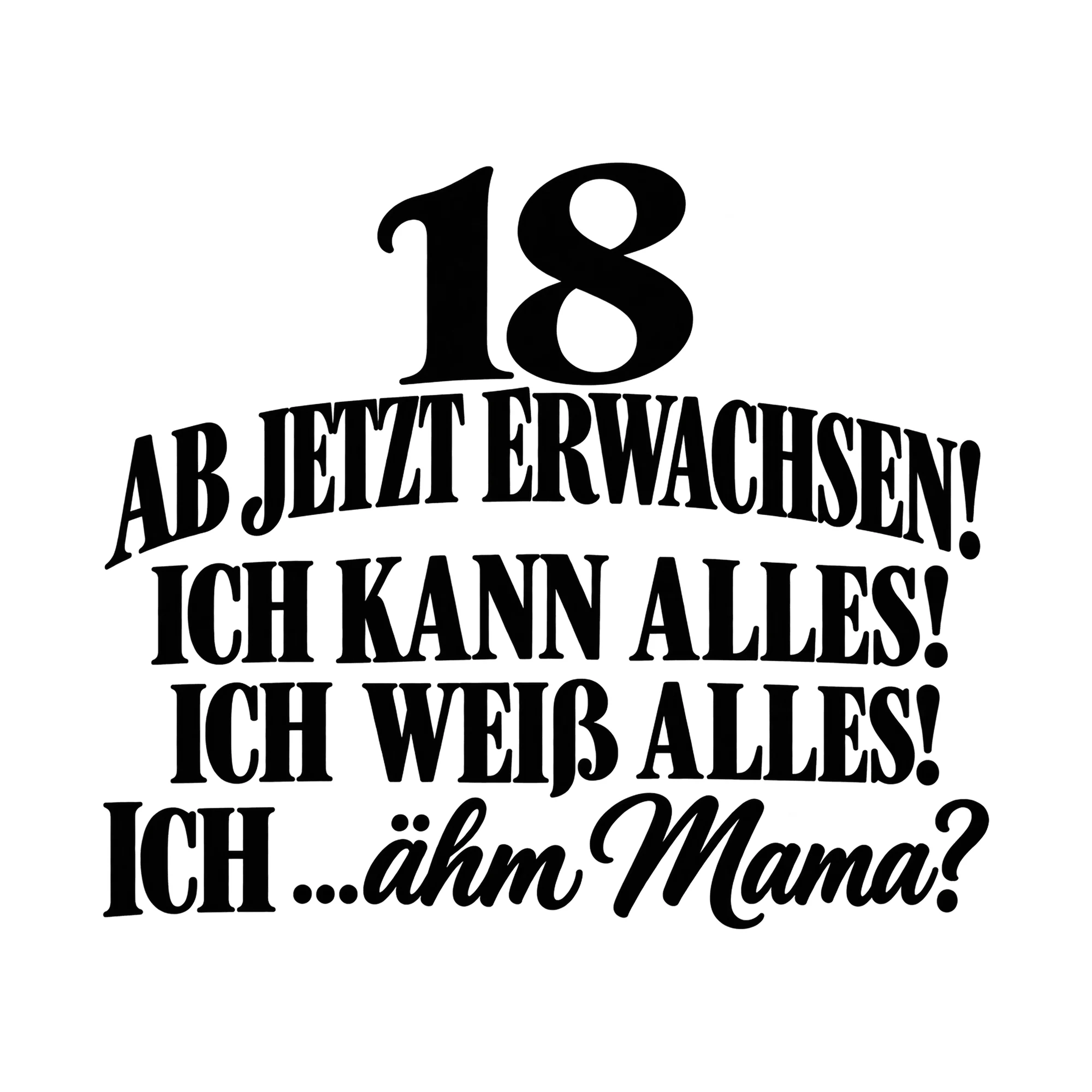Bügelbild „18 Ab jetzt erwachsen! Ich kann alles! Ich weiß alles! Ich ...Ähm Mama?“ als Grafik auf weißem Hintergrund (BB015235)