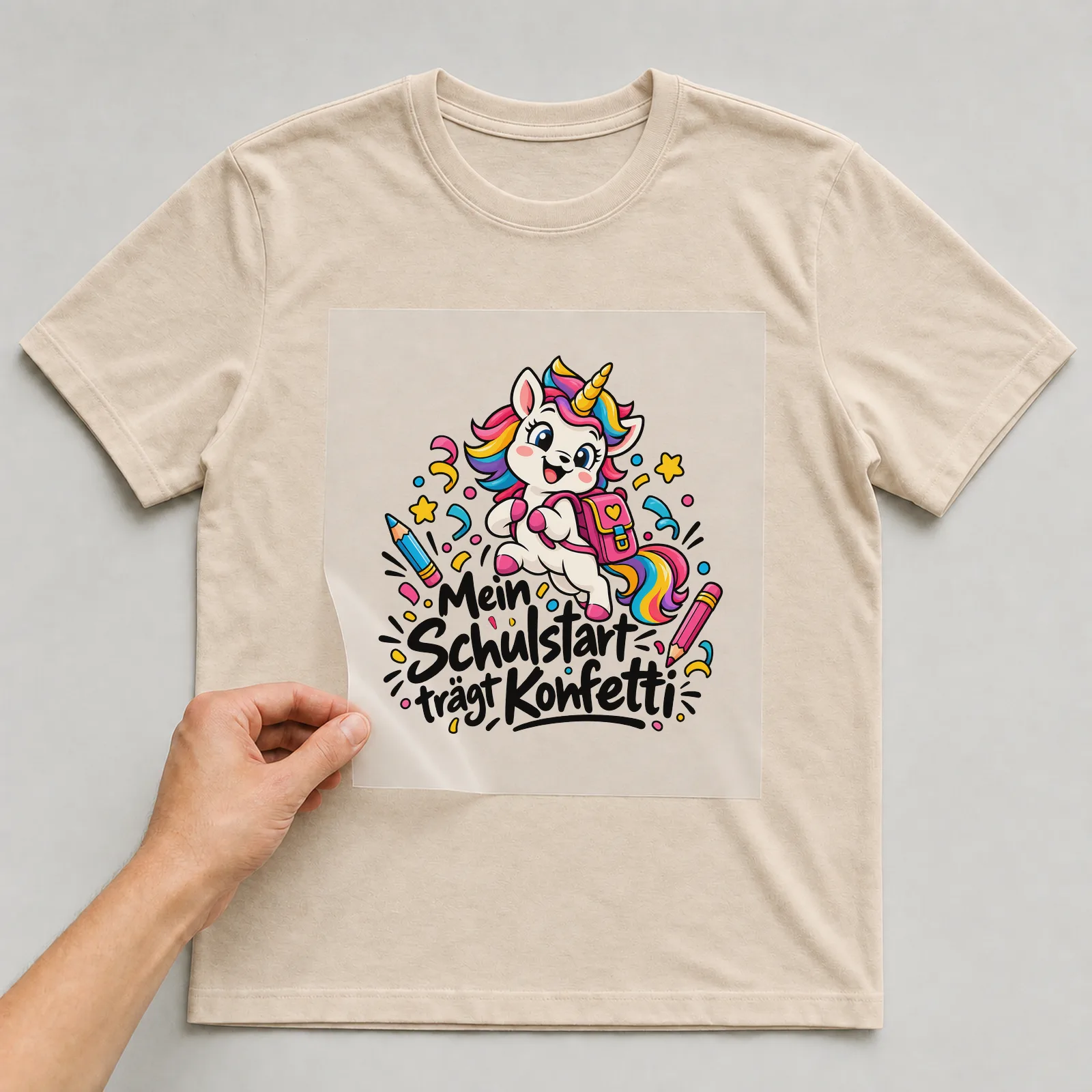 Bügelbild „Mein Schulstart trägt Konfetti“ auf beigem T-Shirt, Folie wird aufgelegt