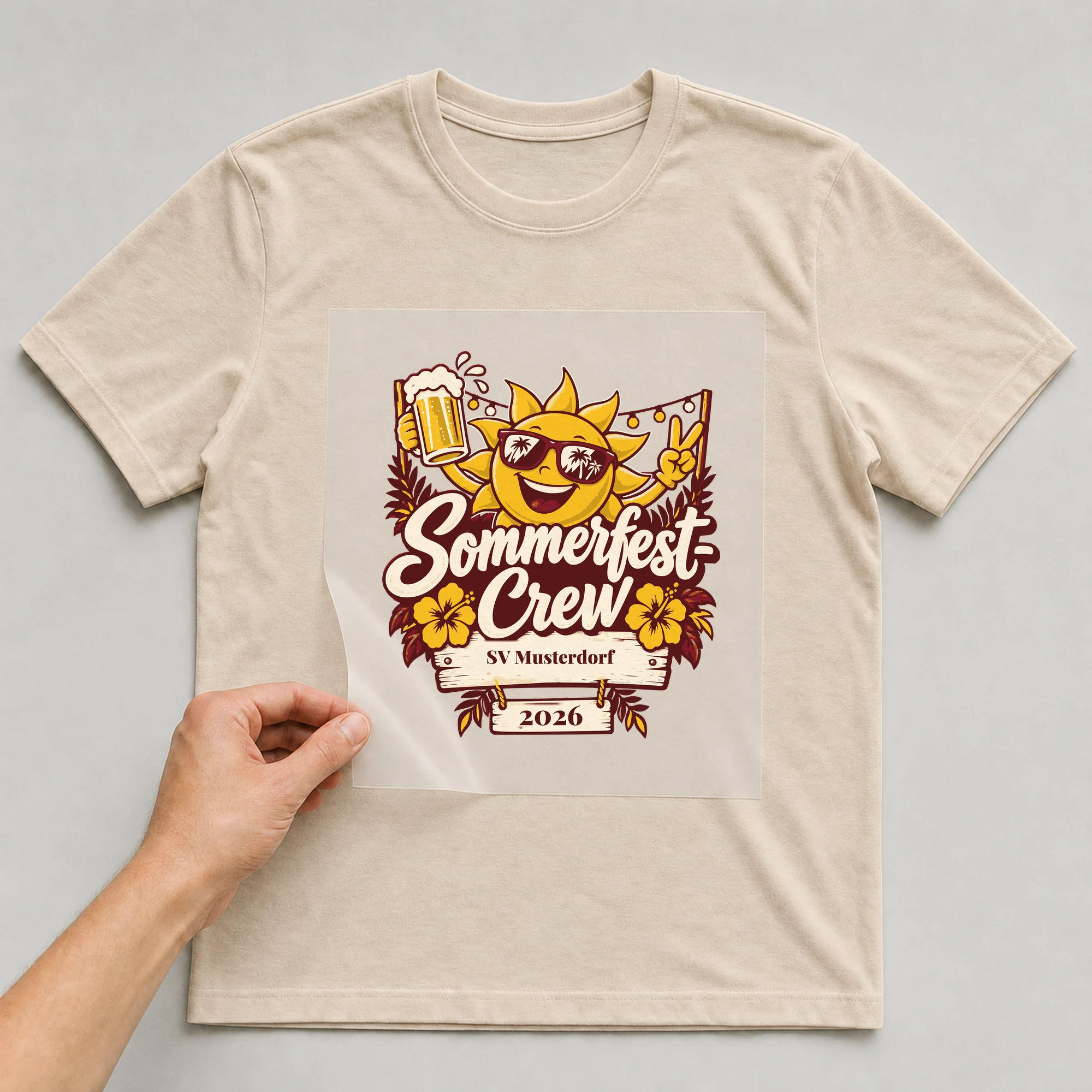 Bügelbild Sommerfest-Crew mit Verein und Jahr auf beigem T-Shirt, Folie wird aufgelegt