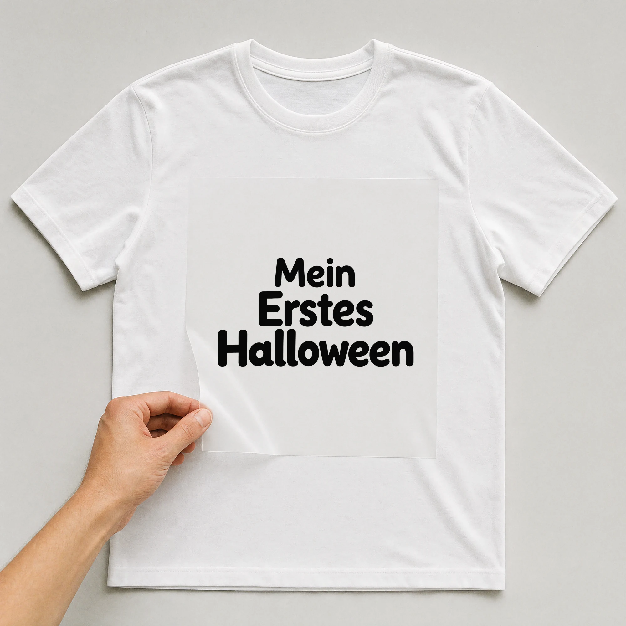 Bügelbild „Mein Erstes Halloween“ auf weißem T-Shirt, Folie wird aufgelegt