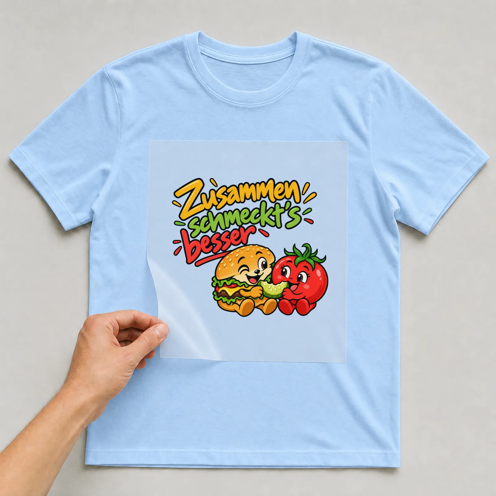 Bügelbild „Zusammen schmeckt’s besser“ (knallbunten Comic-Stil) auf hellblauem T-Shirt, Folie wird aufgelegt