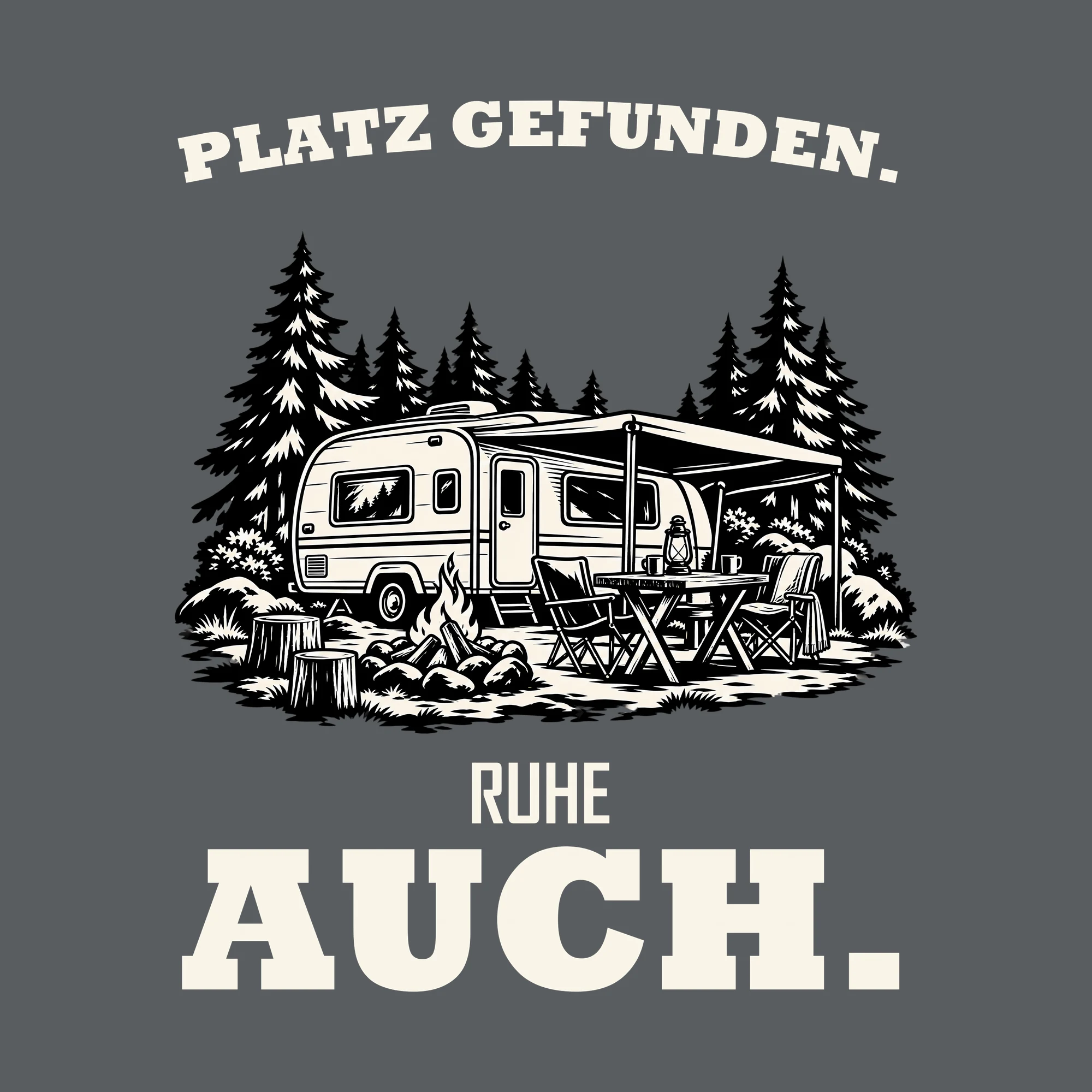 Bügelbild PLATZ GEFUNDEN. RUHE AUCH. als Grafik auf dunklem Hintergrund (BB012764)