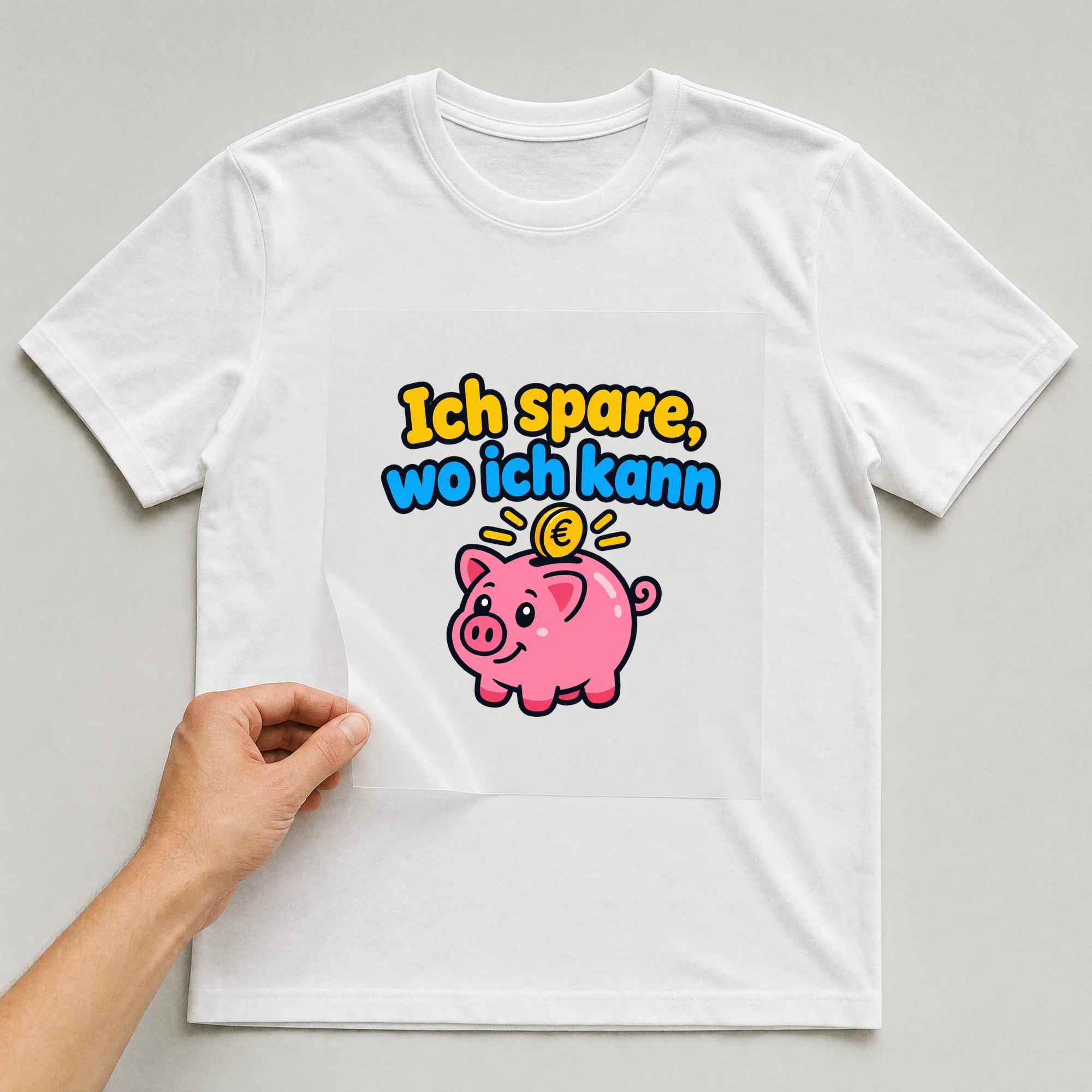 Bügelbild „Ich spare, wo ich kann“ auf weißem T-Shirt, Folie wird aufgelegt