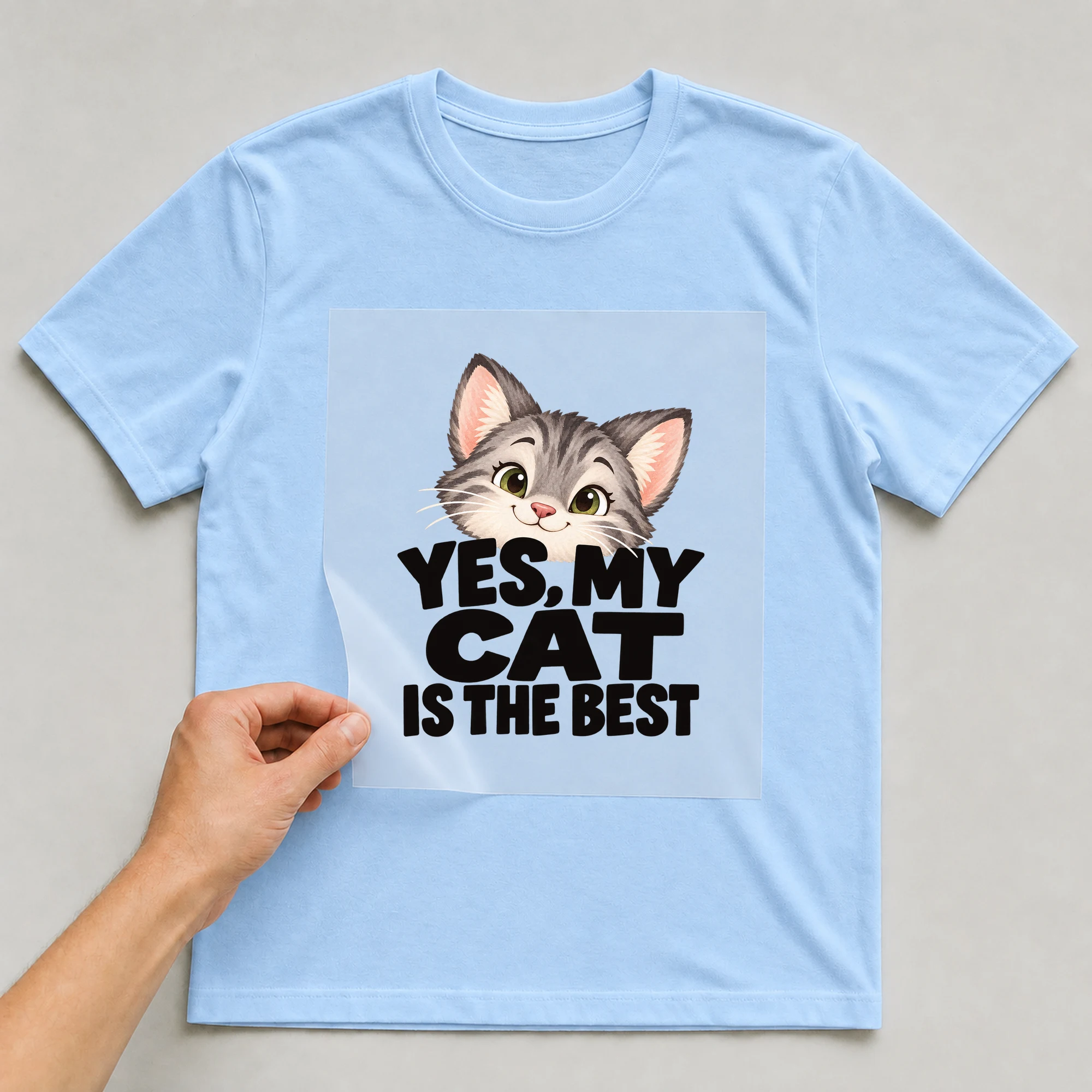 Bügelbild „Yes, My Cat Is The Best“ auf babyblauem T-Shirt, Folie wird aufgelegt
