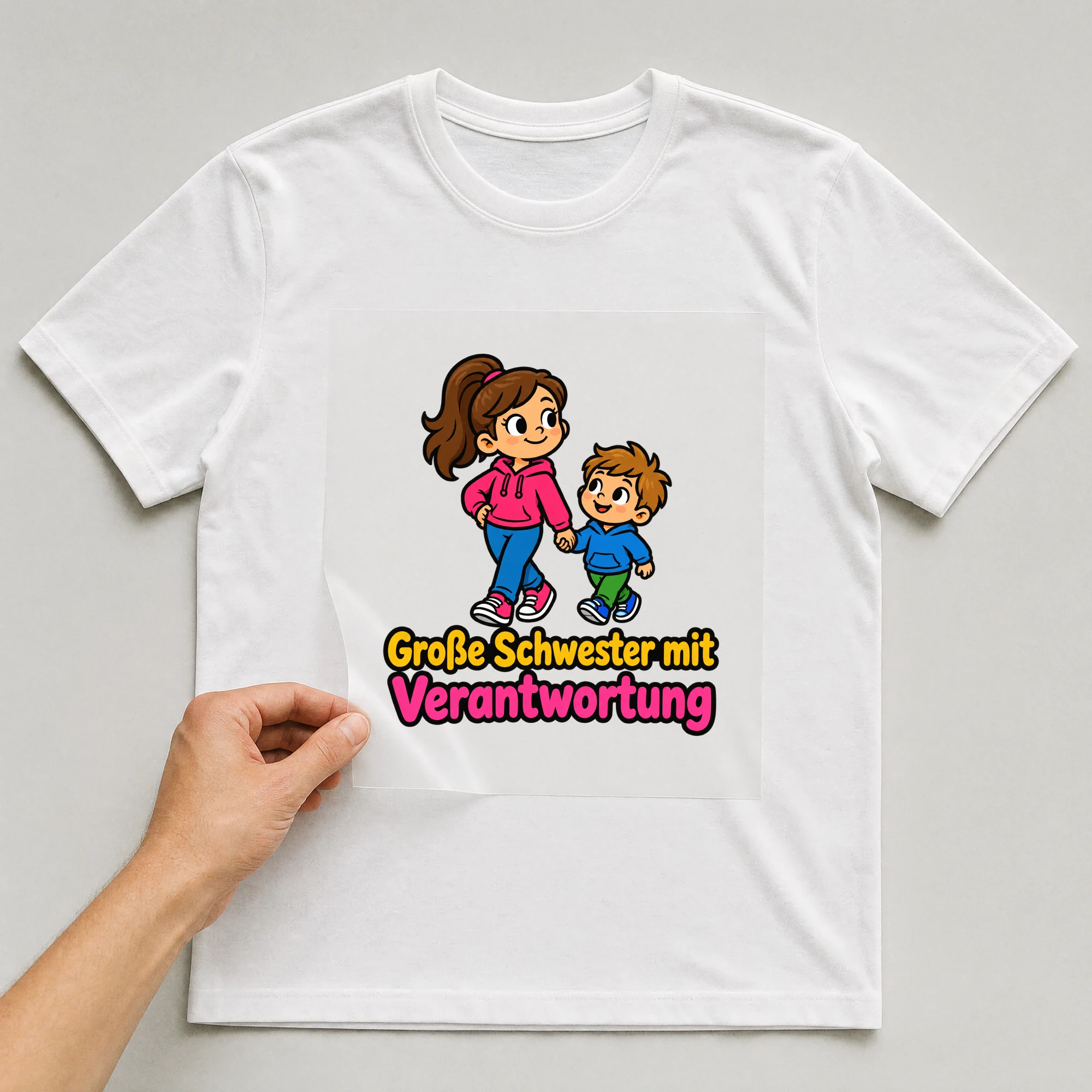 Bügelbild „Große Schwester mit Verantwortung“ auf weißem T-Shirt, Folie wird aufgelegt