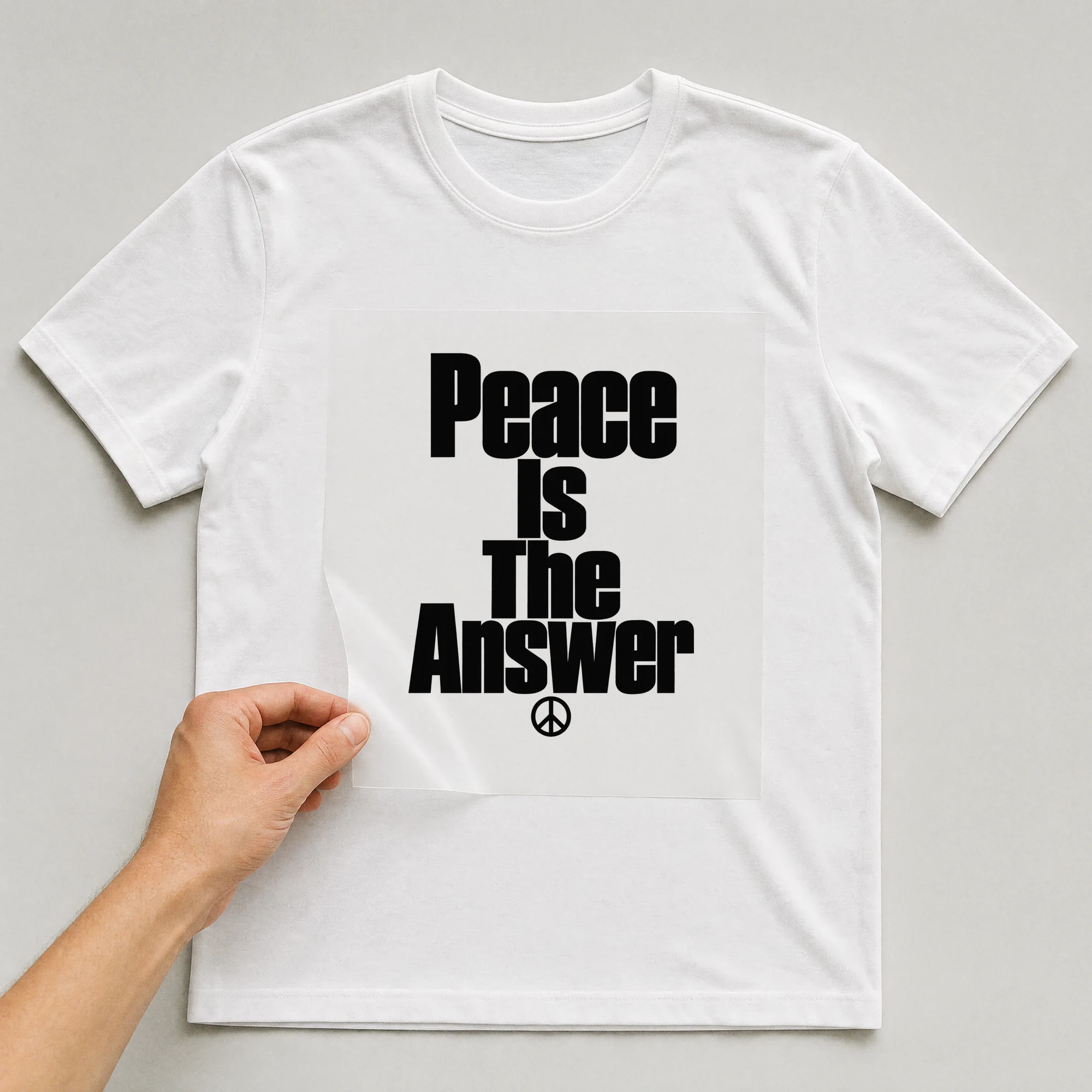 Bügelbild „Peace Is The Answer“ auf weißem T-Shirt, Folie wird aufgelegt