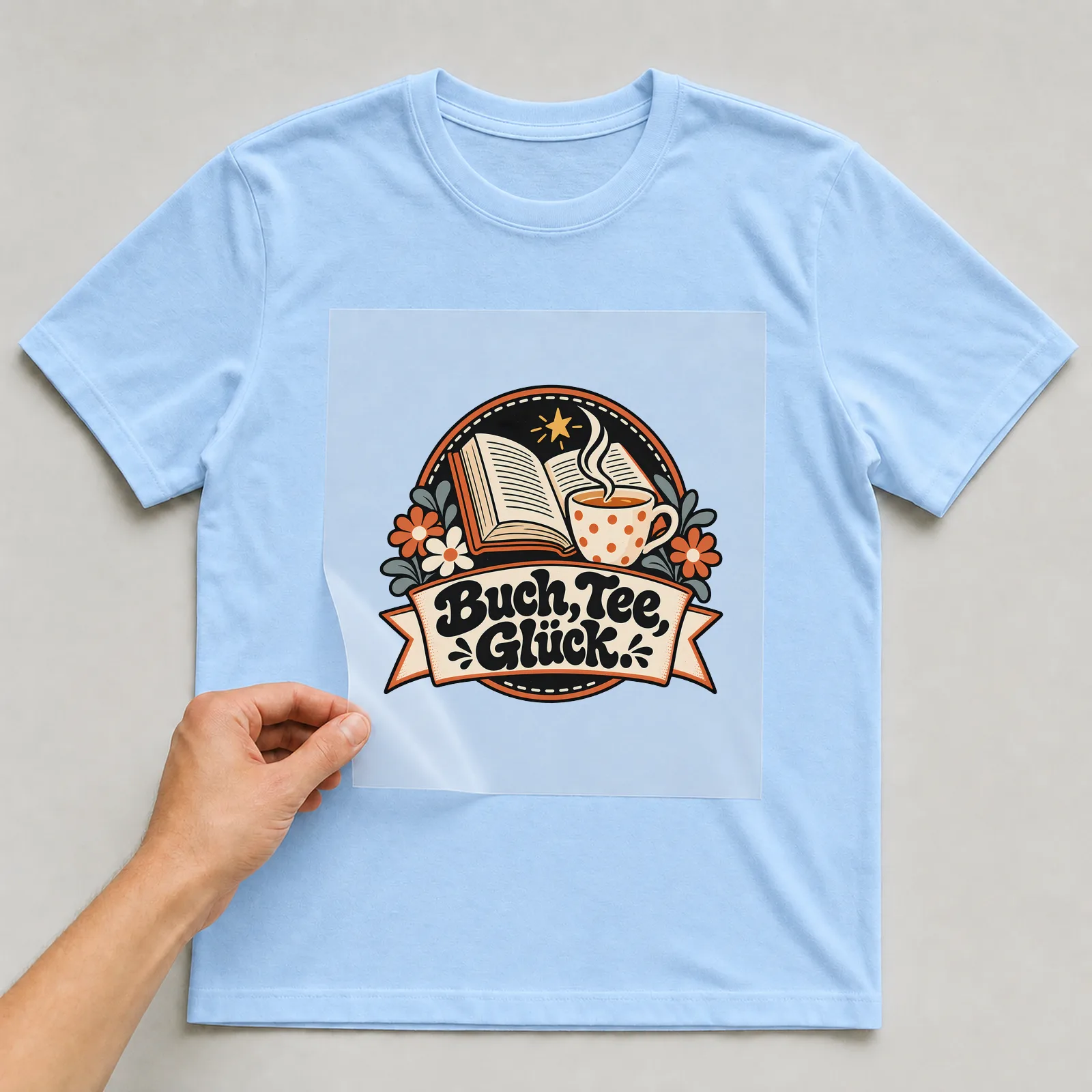 Bügelbild „Buch, Tee, Glück“ auf hellblauem T-Shirt, Folie wird aufgelegt