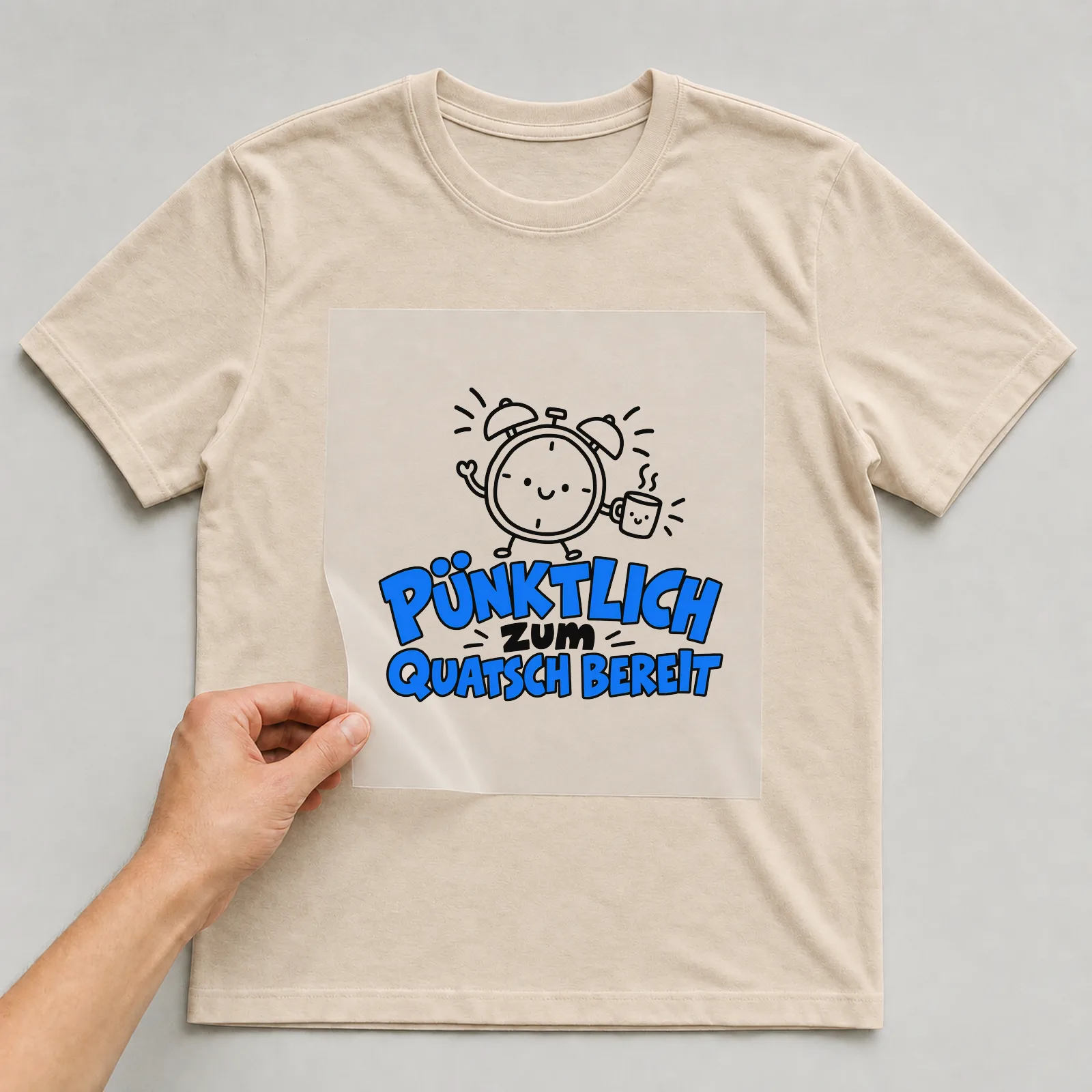 Bügelbild „Pünktlich zum Quatsch bereit“ auf beigem T-Shirt, Folie wird aufgelegt