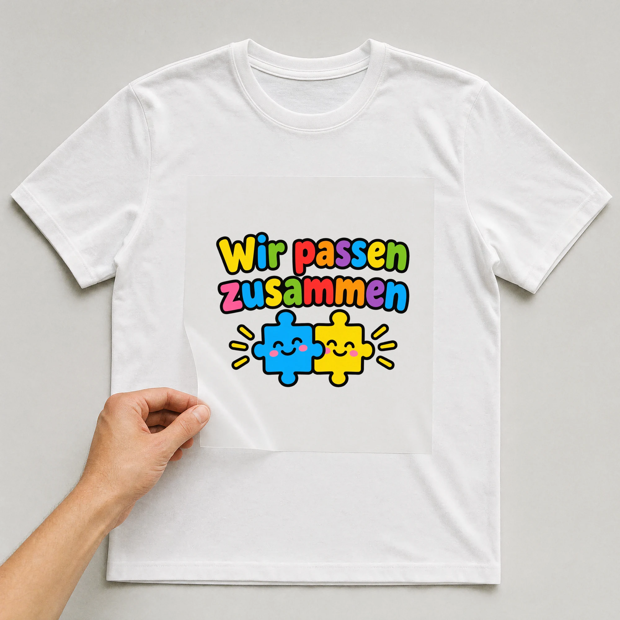 Bügelbild „Wir passen zusammen“ auf weißem T-Shirt, Folie wird aufgelegt