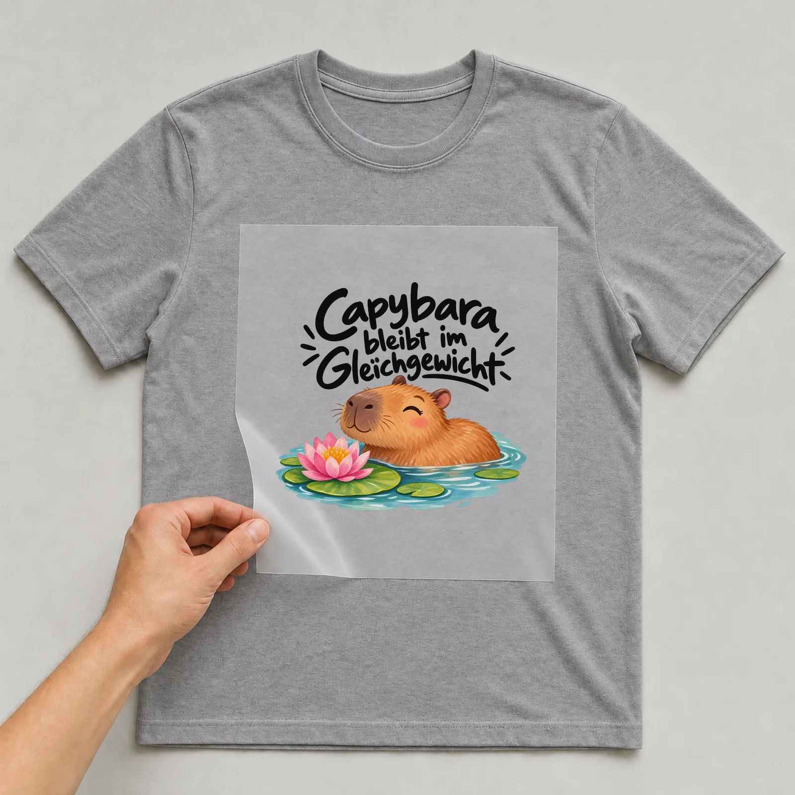 Bügelbild „Capybara bleibt im Gleichgewicht“ auf grauem T-Shirt, Folie wird aufgelegt