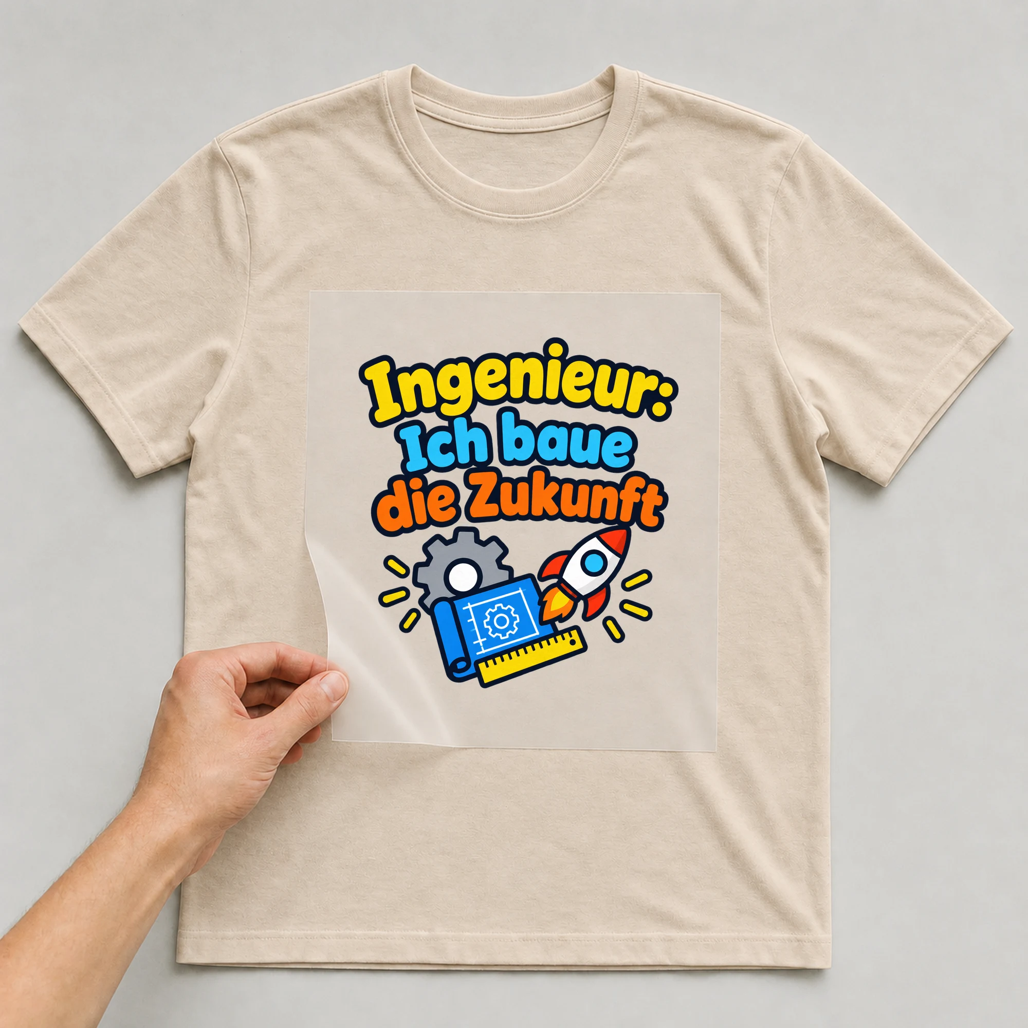 Bügelbild „Ingenieur: Ich baue die Zukunft“ auf beigem T-Shirt, Folie wird aufgelegt